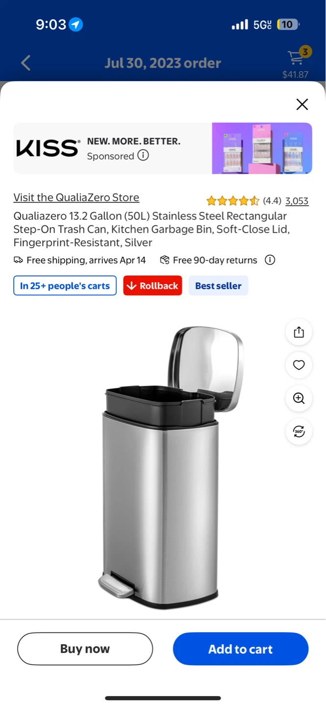 QualiaZero 13.2 Gallon Stainless Steel Trash Can