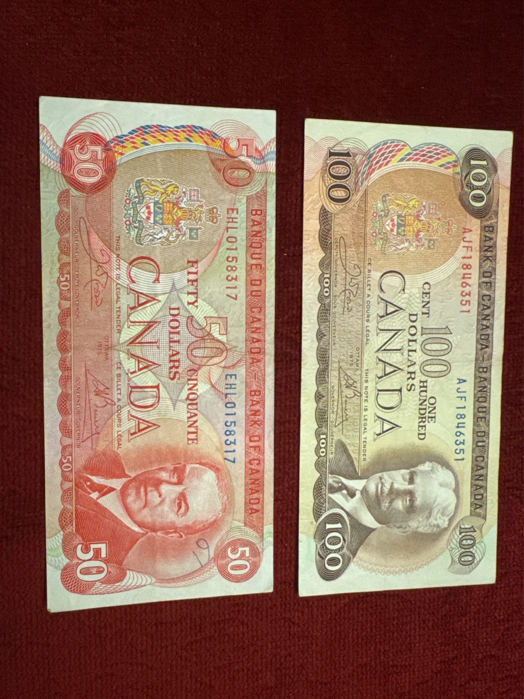 Very rare Bank of Canada 50 and 100 Dollar Bills