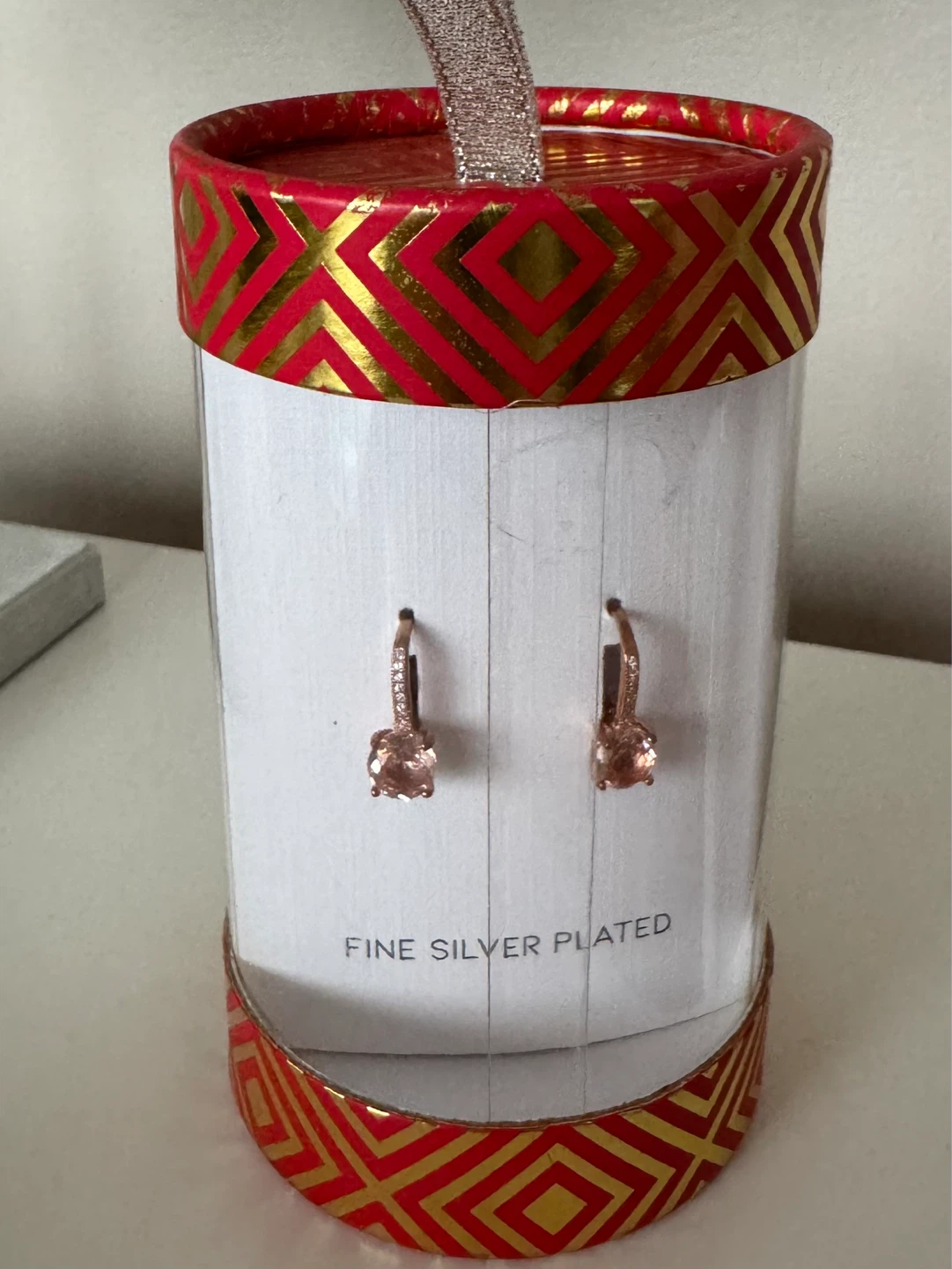 Rose Gold Tone Drop Earrings with Peach Stone