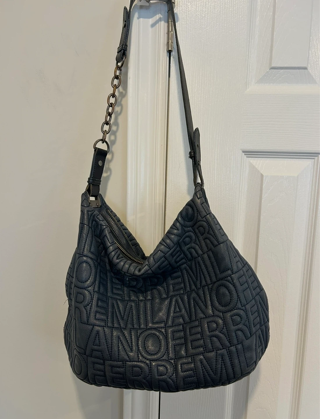 FERRE Milano Navy Blue Leather Hobo Handbag