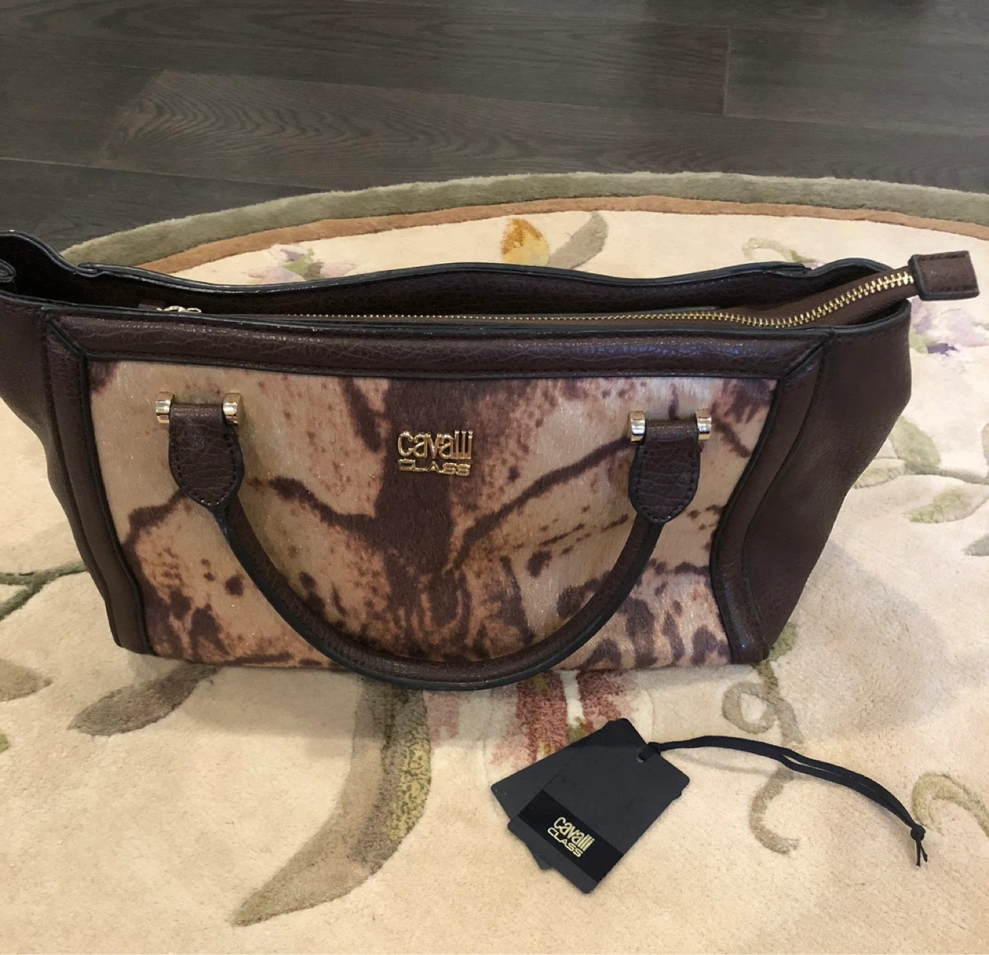 Cavalli Class Brown Tote Bag with Animal Print Accent