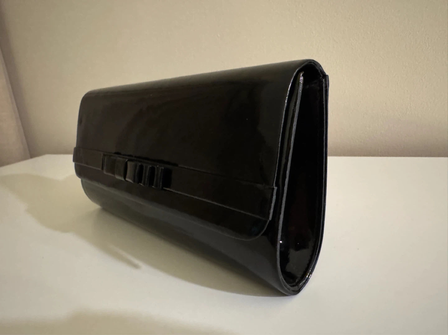 Black Patent Clutch with Bow and Chain Strap - photo 2