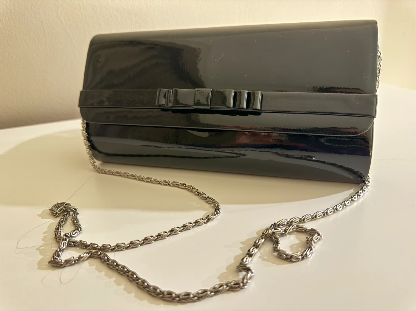 Black Patent Clutch with Bow and Chain Strap
