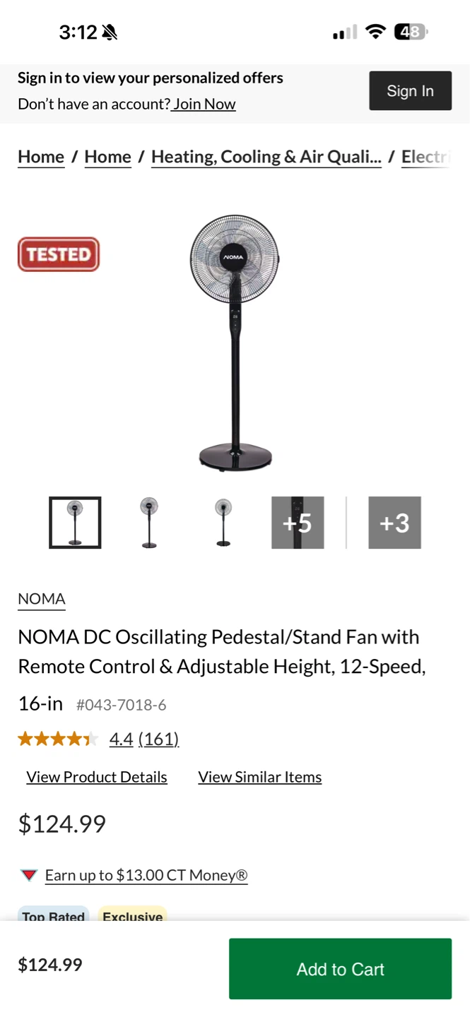 NOMA DC Oscillating Pedestal Fan 16-in