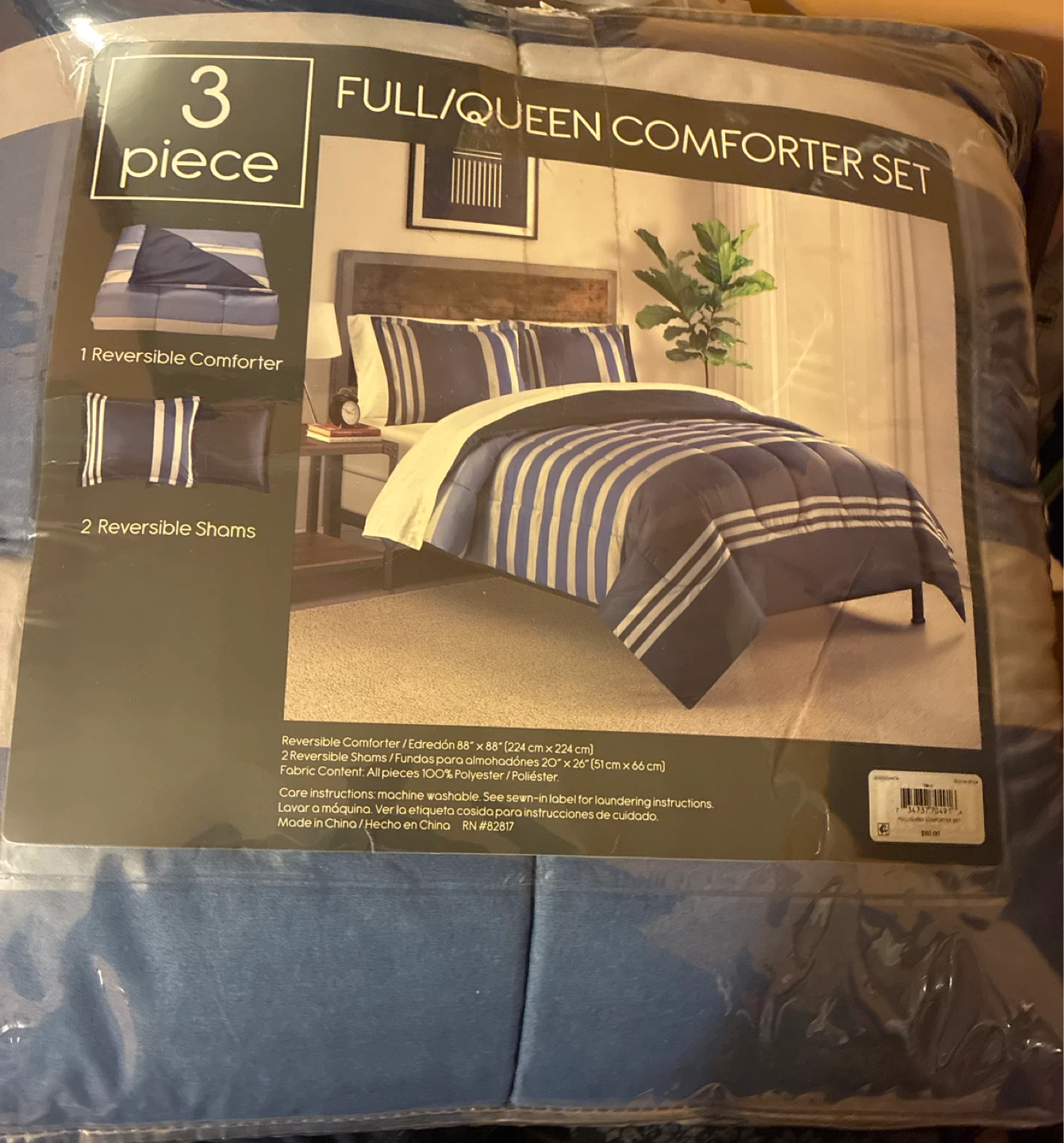 3 Piece Full/Queen Comforter Set - Blue Stripe