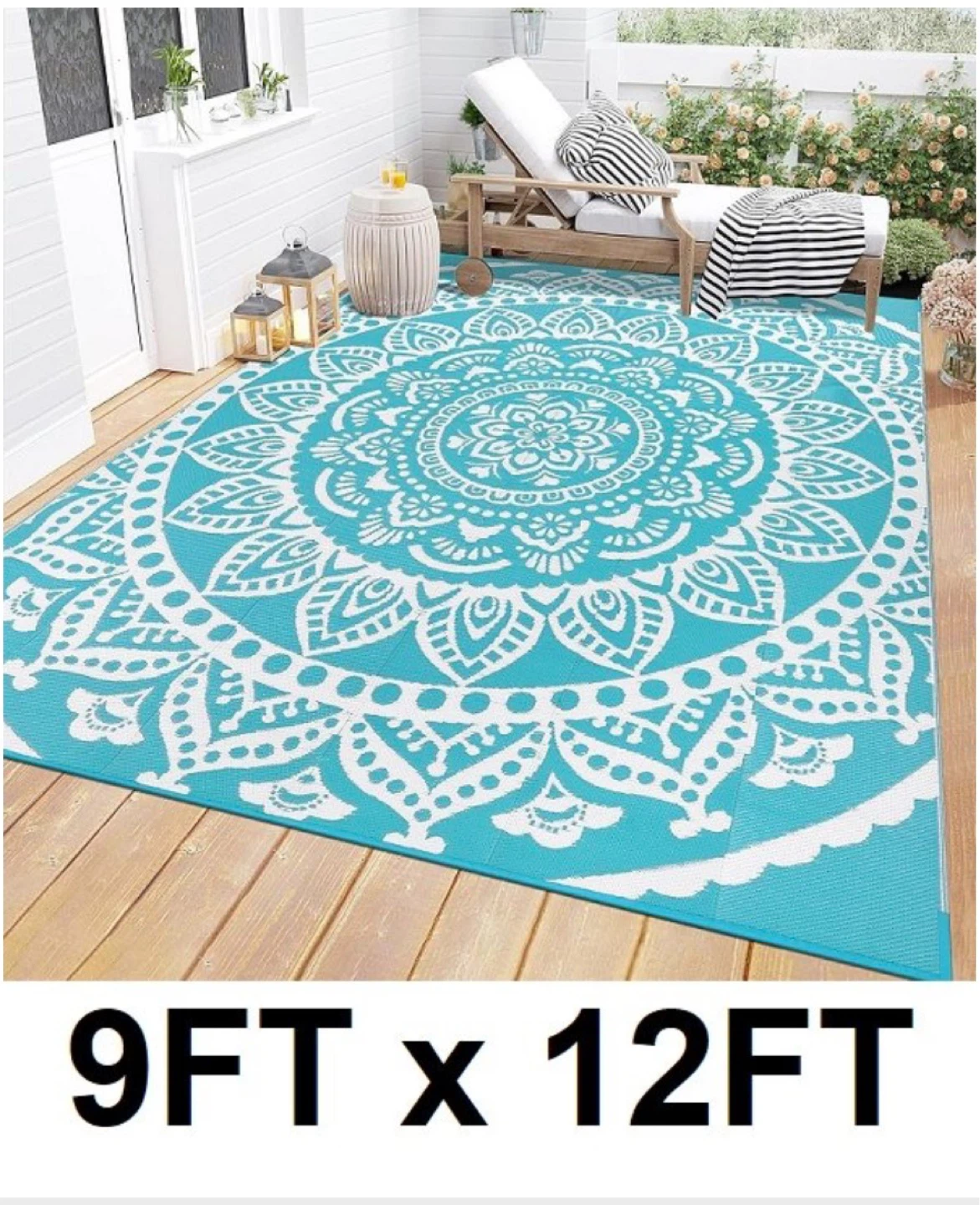 Reversible Outdoor Rug 9ft x 12ft Teal Mandala