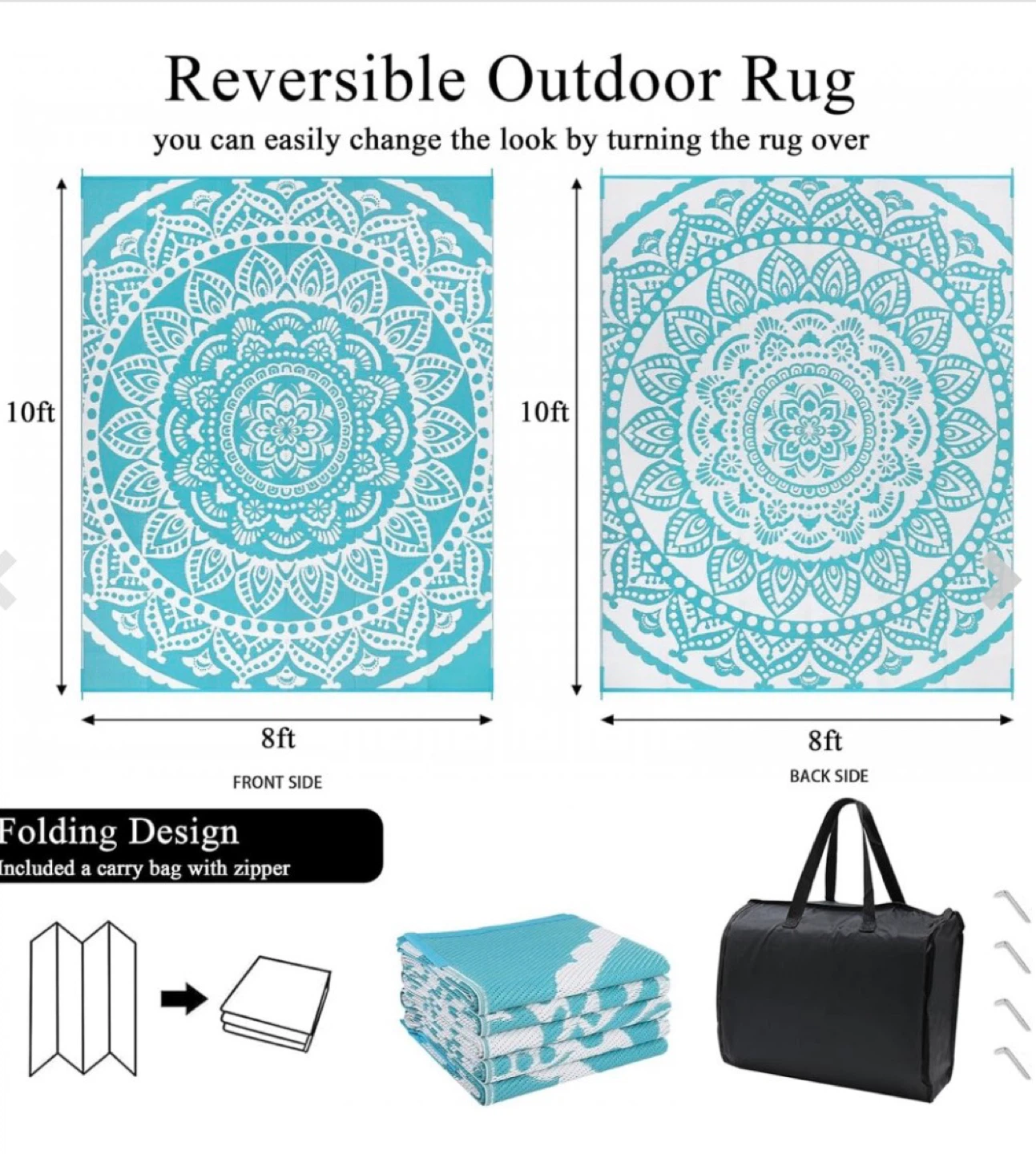 Reversible Outdoor Rug 9ft x 12ft Teal Mandala - photo 3