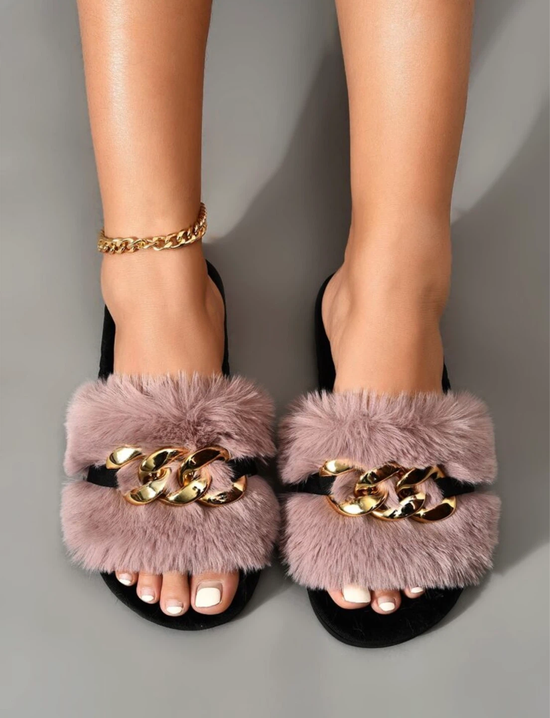 Faux Fur Slides with Gold Chain Detail