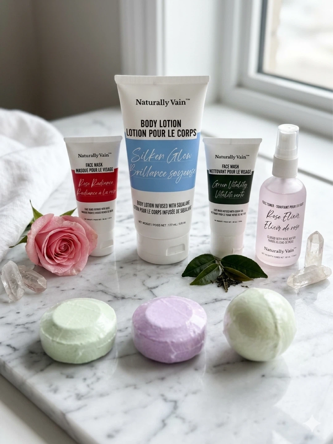 Naturally Vain Skincare Set Lotion Rose Elixir Toner Bath Lot