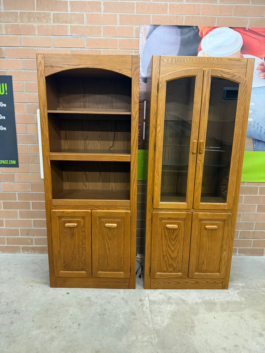Oak Wood Bookcase with Glass Cabinet