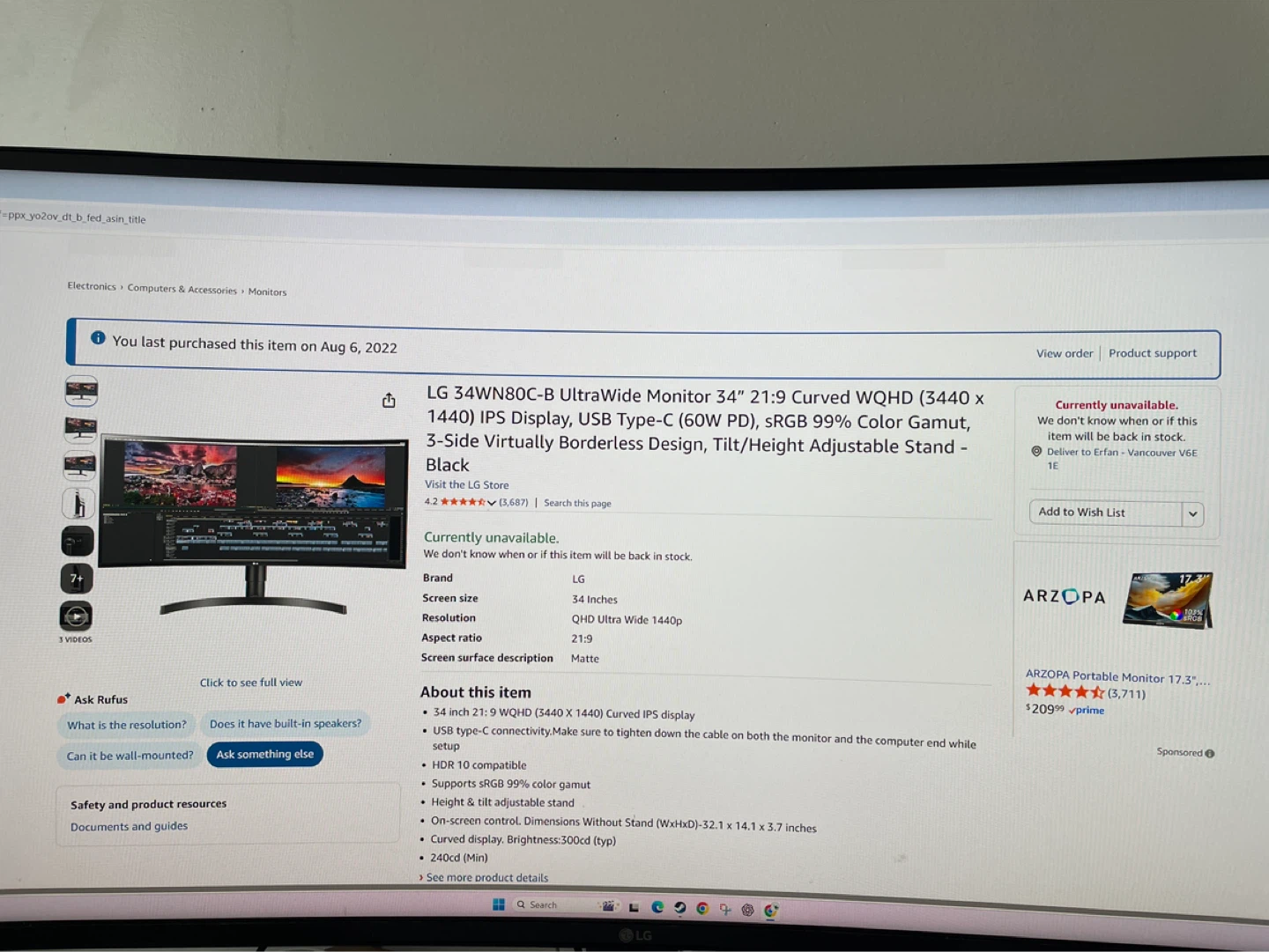LG 34WN80C-B 34" Ultrawide Monitor - photo 3