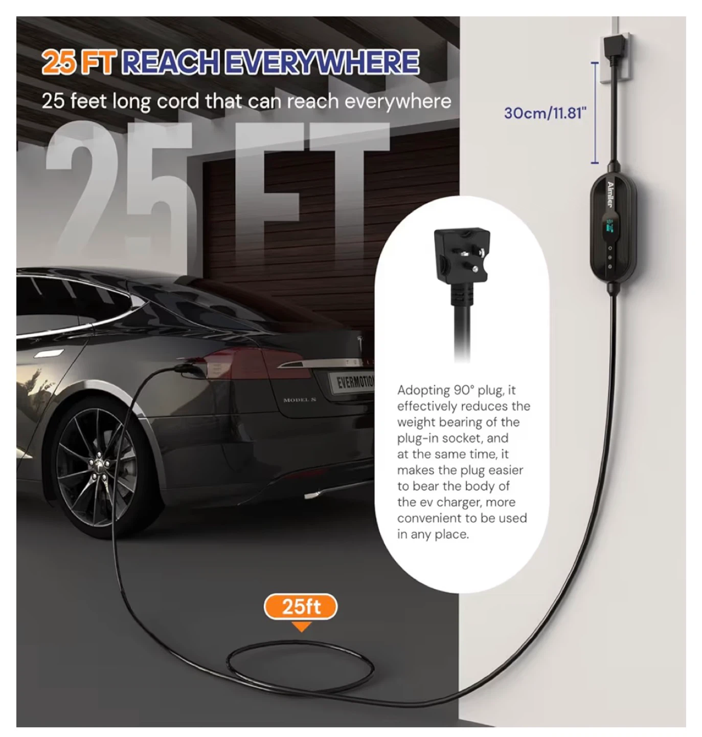 Level 2 Tesla EV Charger NACS 16A 240V WiFi App 25ft Cable - photo 3