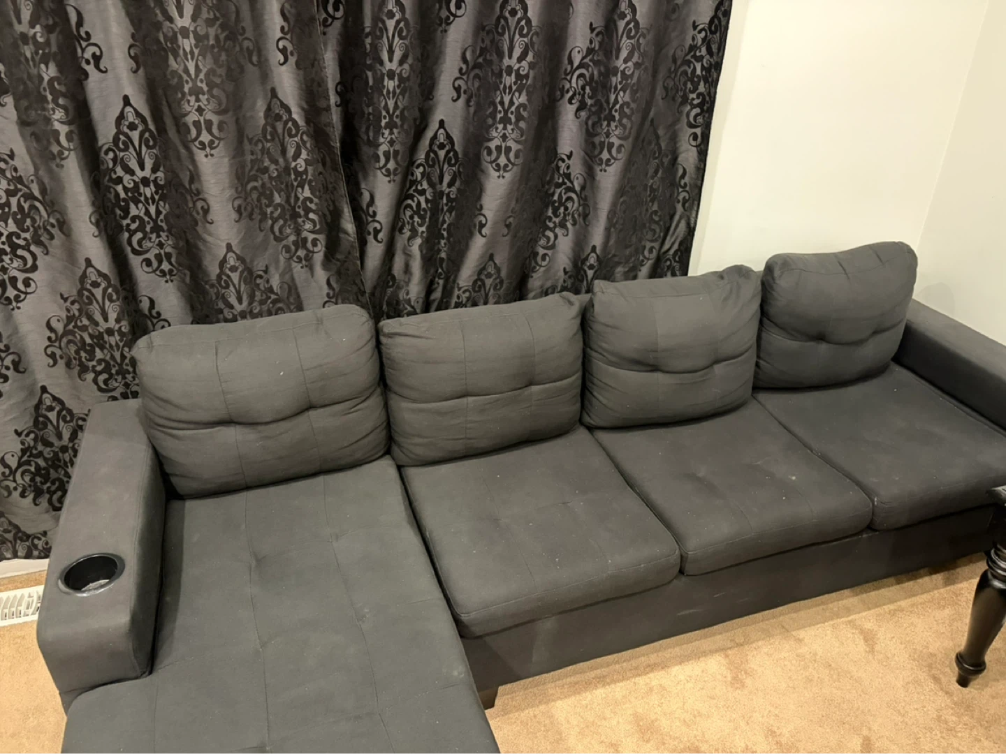 Black Sectional Sofa with Cup Holder