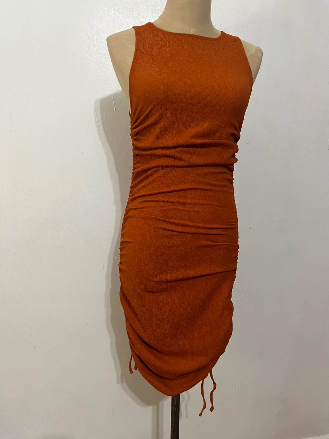 Rust/Orange Ruched Drawstring Mini Dress - Small