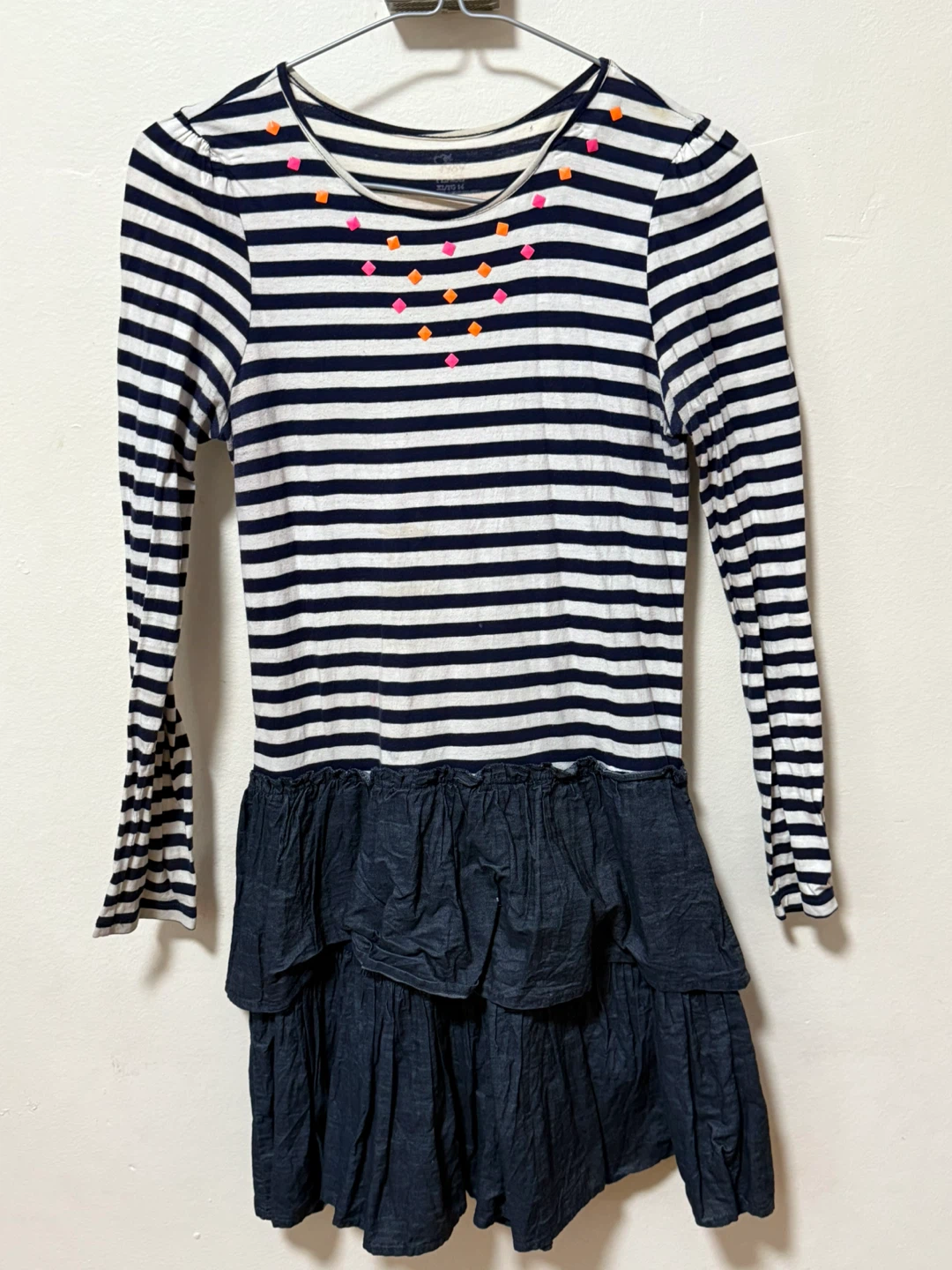 The Children’s Place: striped dress with denim ruffle skirt