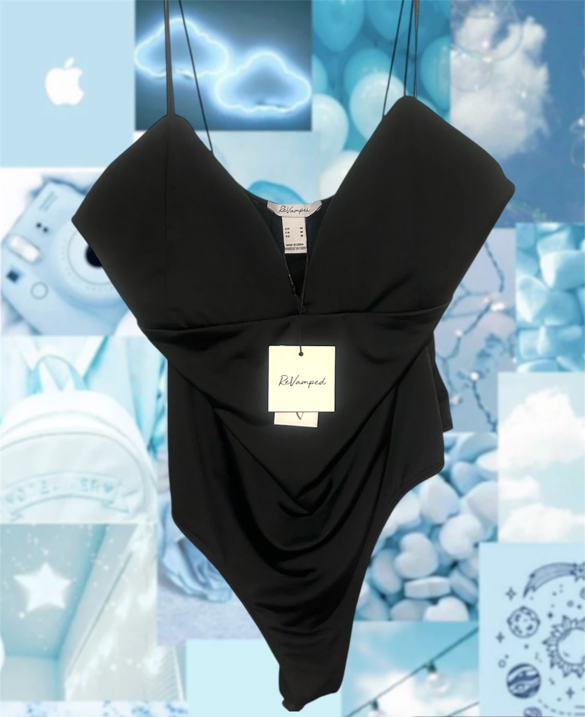 SATIN BLACK BODYSUIT BY REVAMPED WITH TAG
