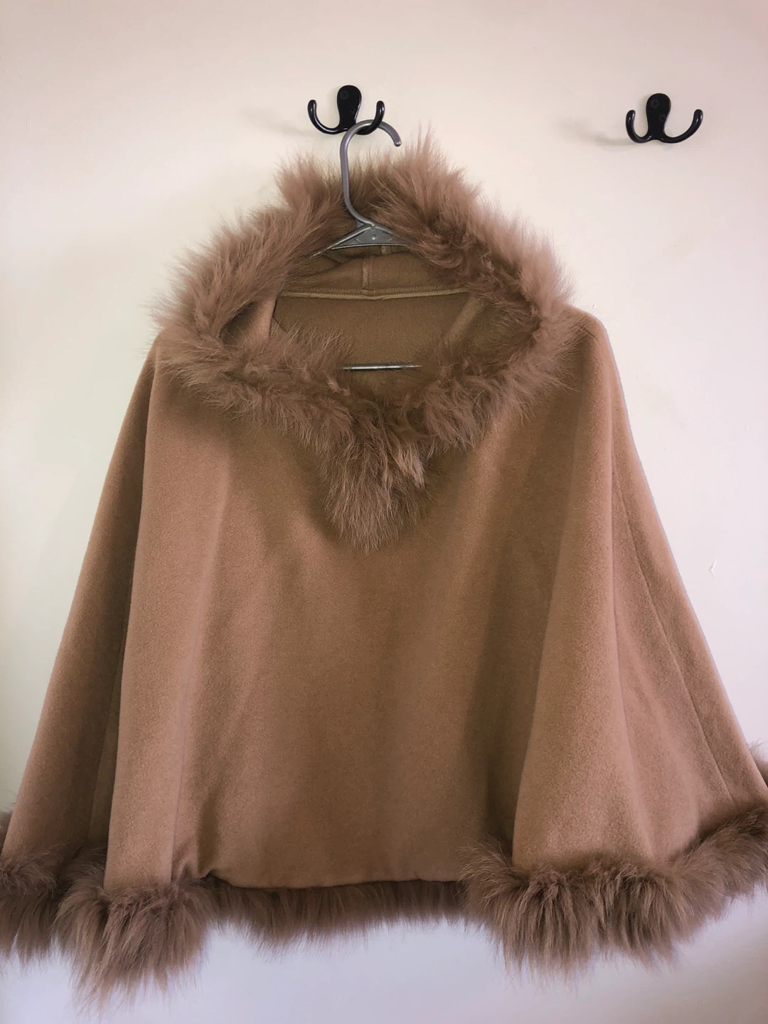 Camel Faux Fur Hooded Poncho Cape - Size L