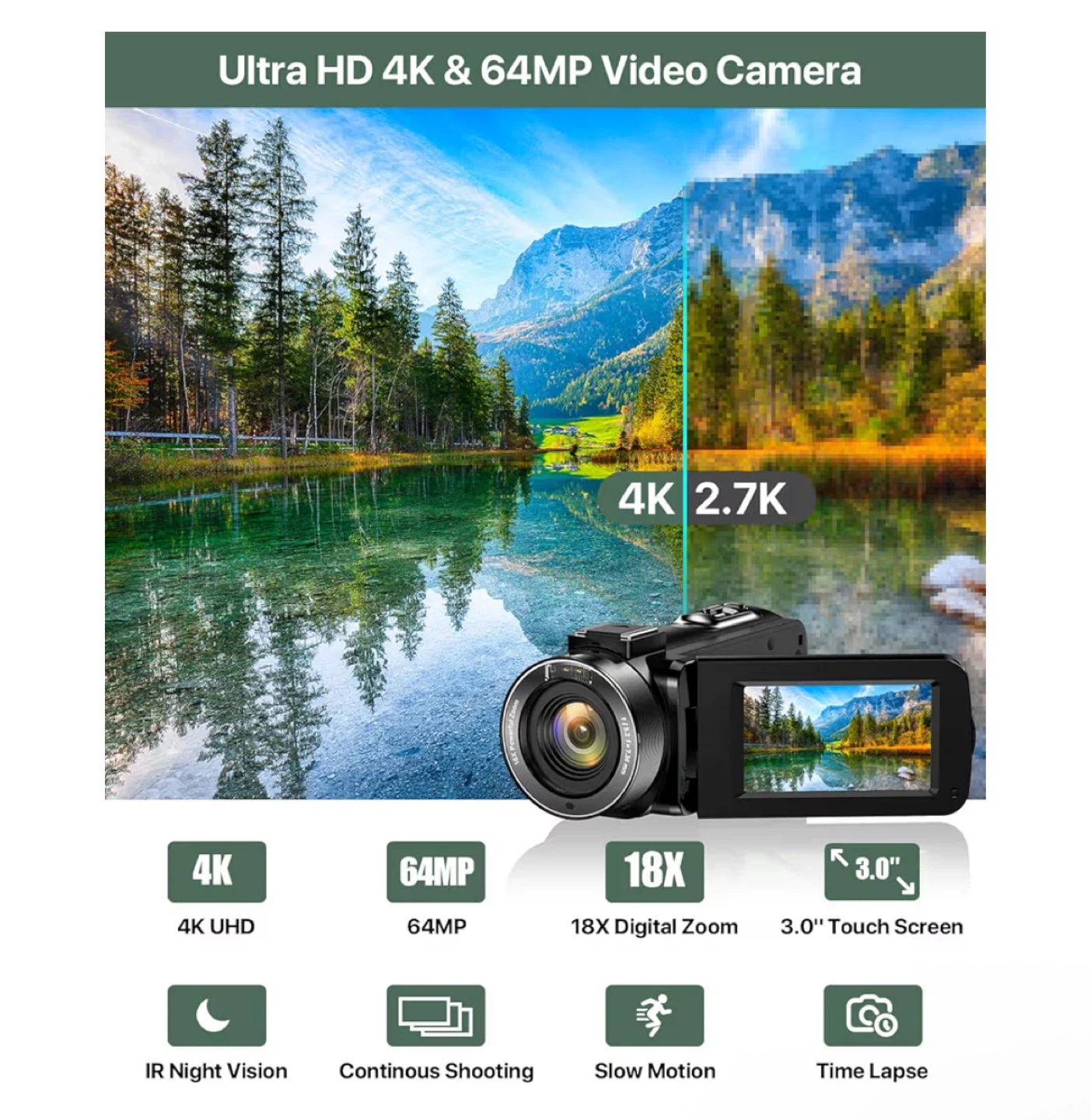 4K UHD Video Camera with 18X Digital Zoom and 3.0" Touch Screen - photo 2