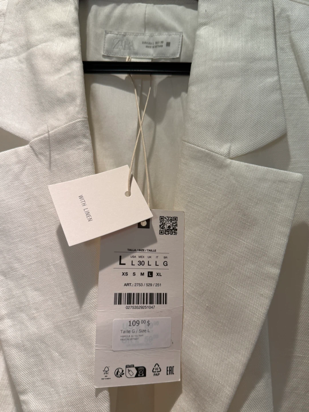 ZARA White Linen Blend Blazer - Size L - photo 3
