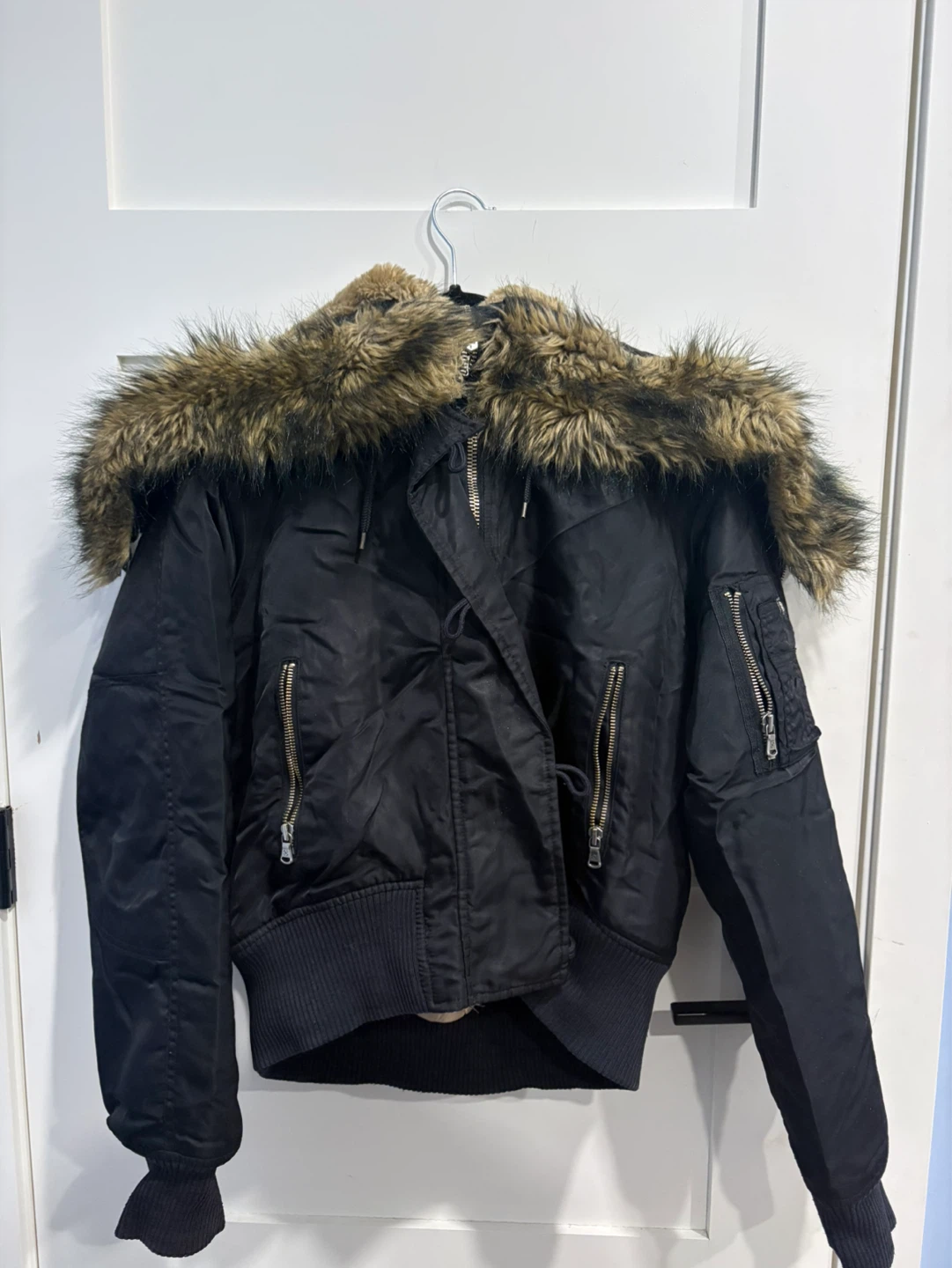 Nautica Jeans Company Black Bomber Jacket with Fur Hood - L/G