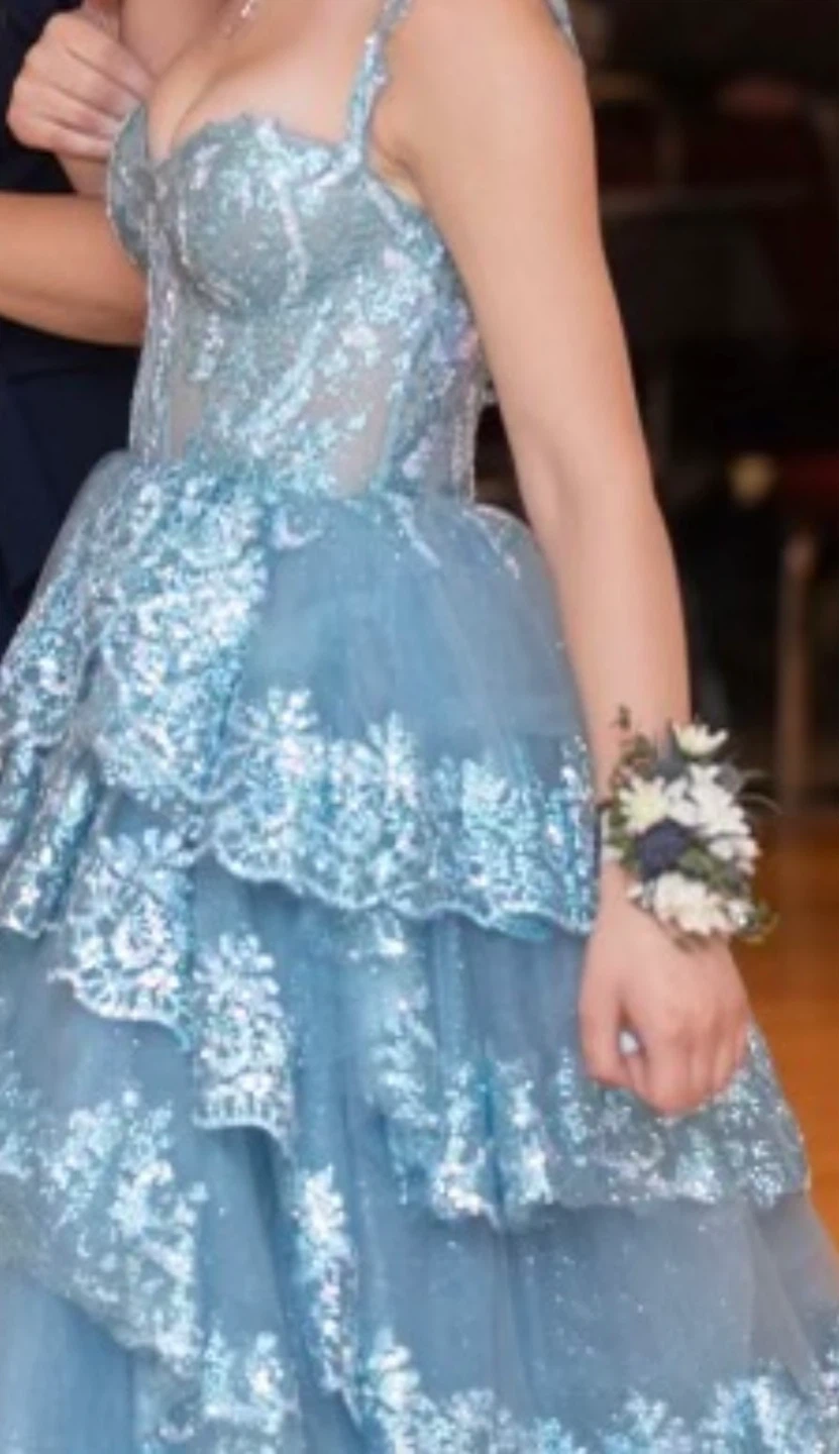 Amelia Couture Blue Sequined Tiered Gown - Size 2
