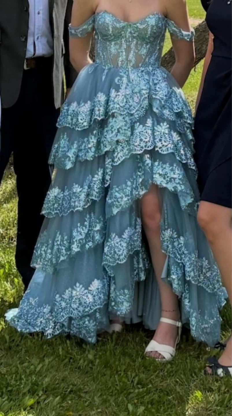 Amelia Couture Blue Sequined Tiered Gown - Size 2 - photo 2