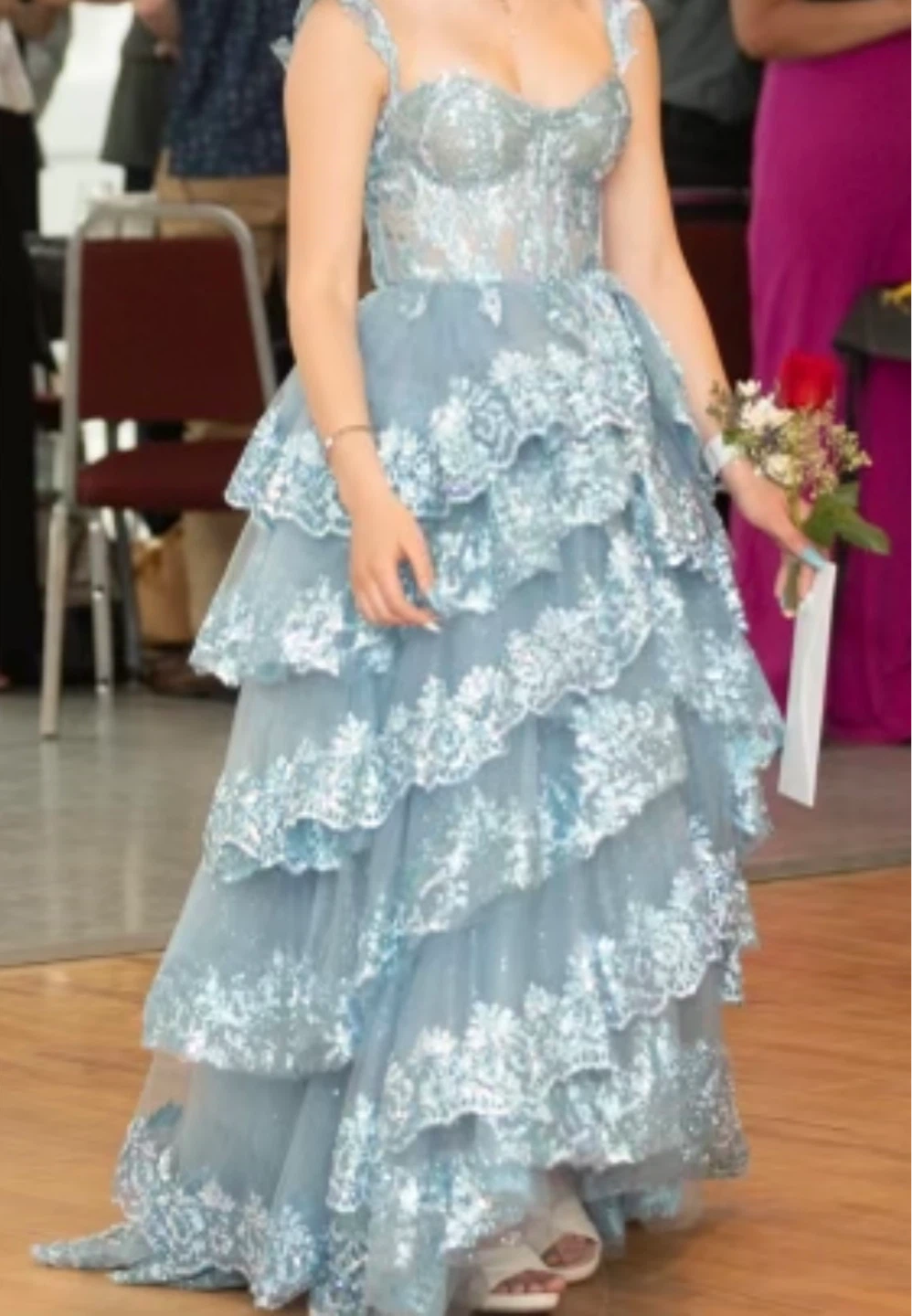 Amelia Couture Blue Sequined Tiered Gown - Size 2 - photo 3