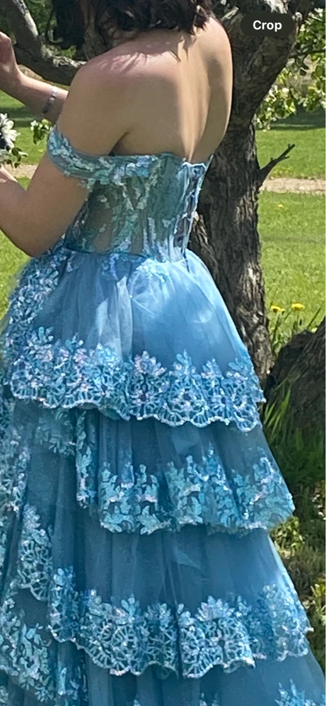 Amelia Couture Blue Sequined Tiered Gown - Size 2 - photo 4