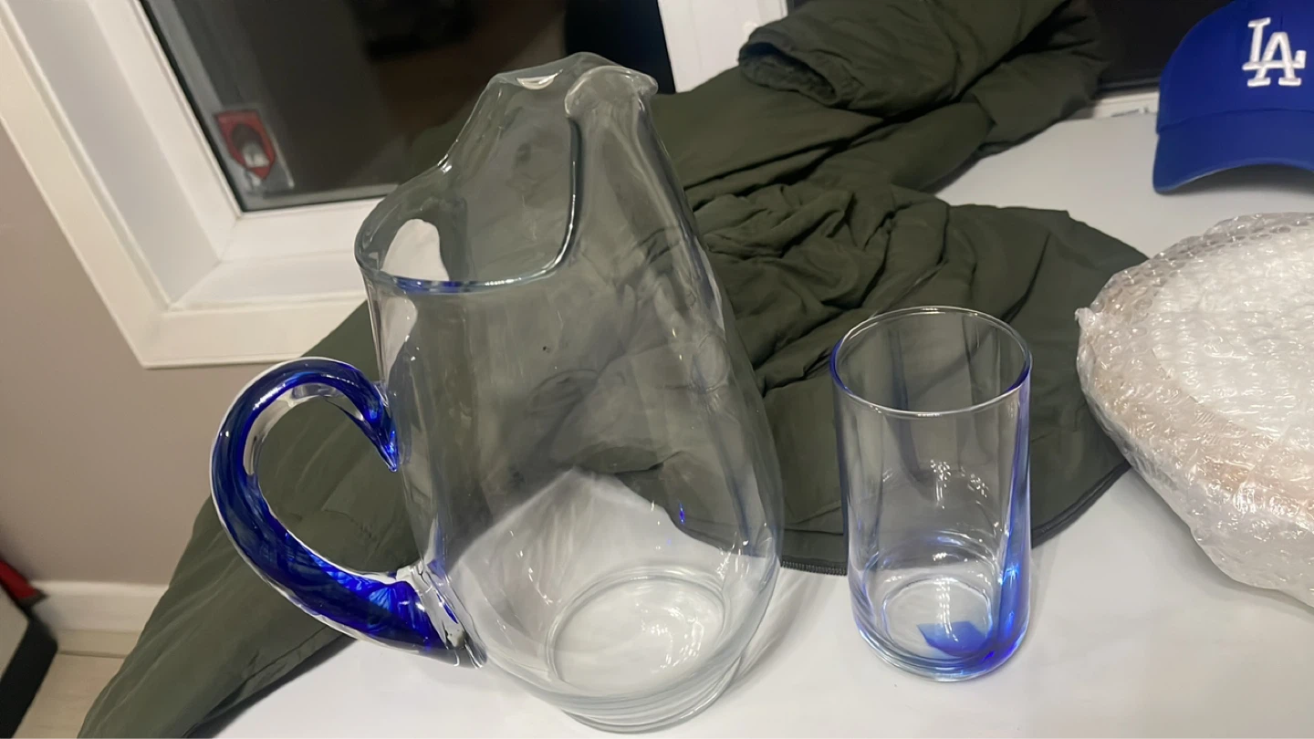 Glass Pitcher and Tumbler Set with Blue Accent
