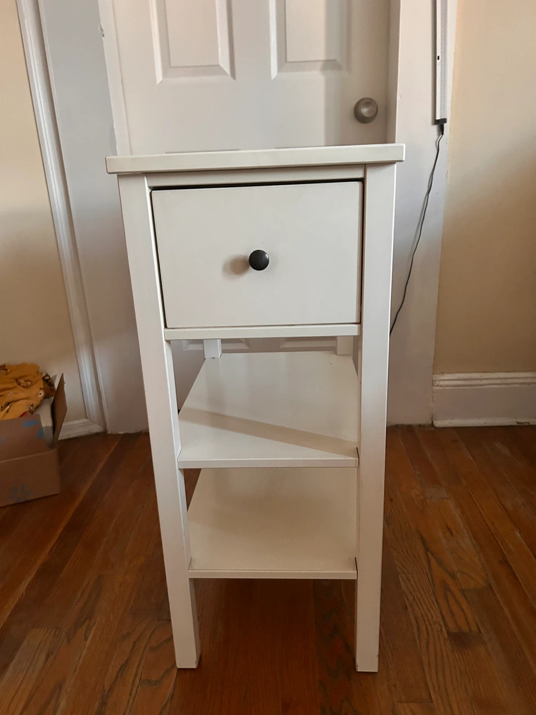 White side table with drawer and shelves