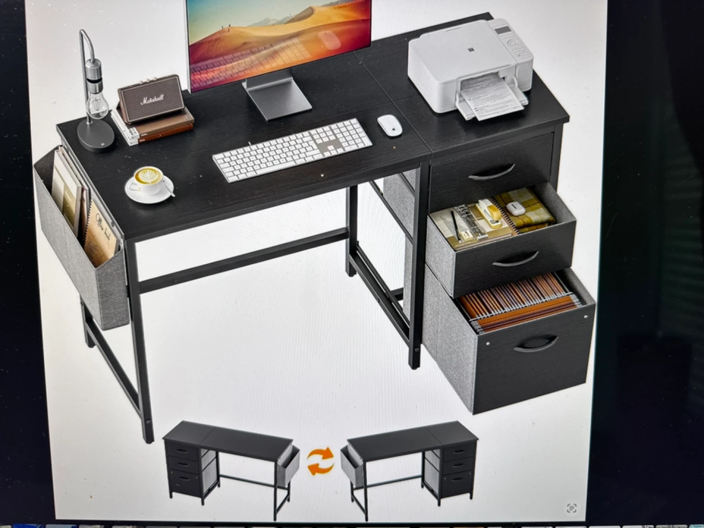 Black Writing Desk with Storage Drawers and Side Organizer