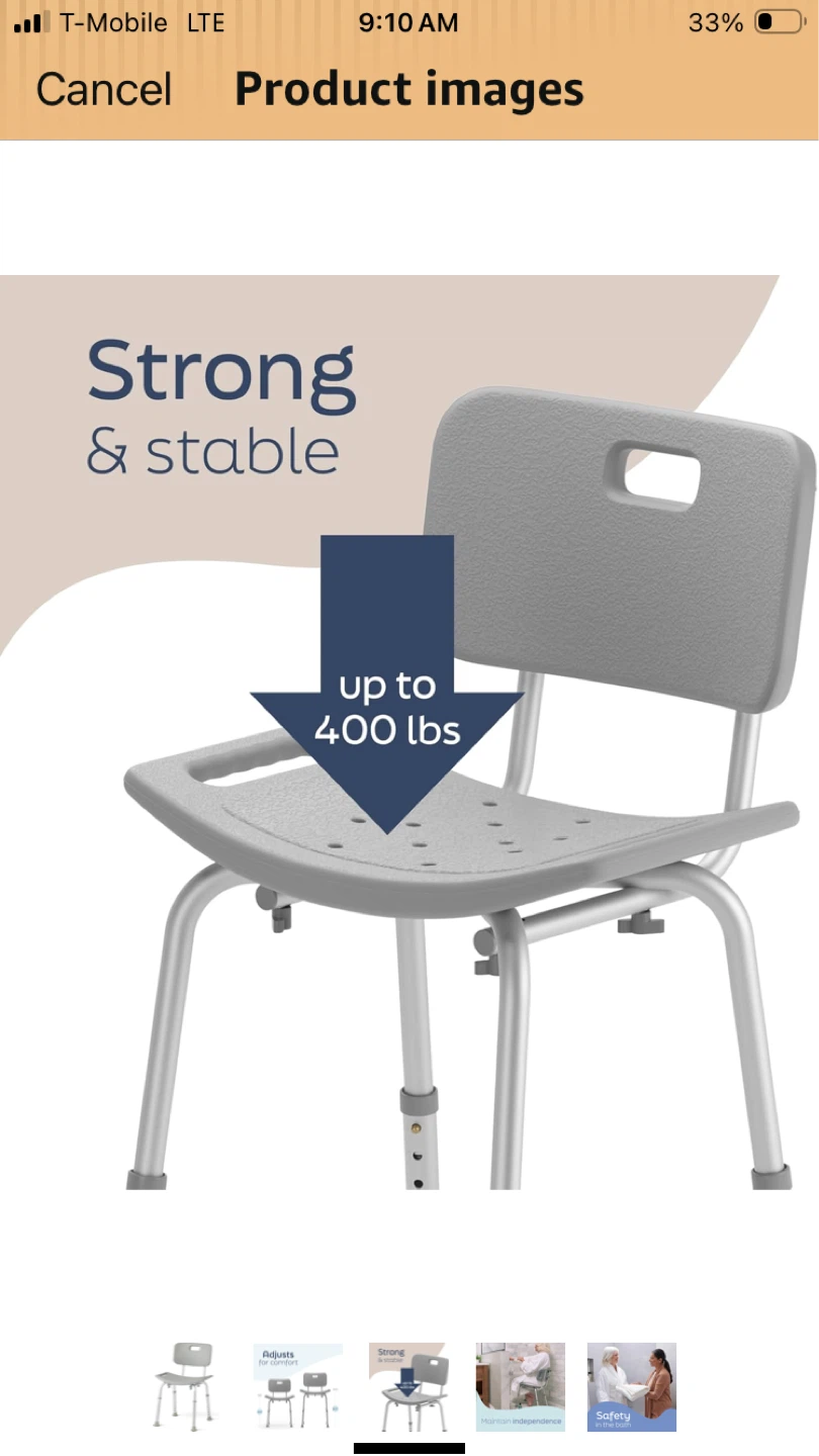 Medline Bath Chair/Shower Seat with Back, Gray - photo 3