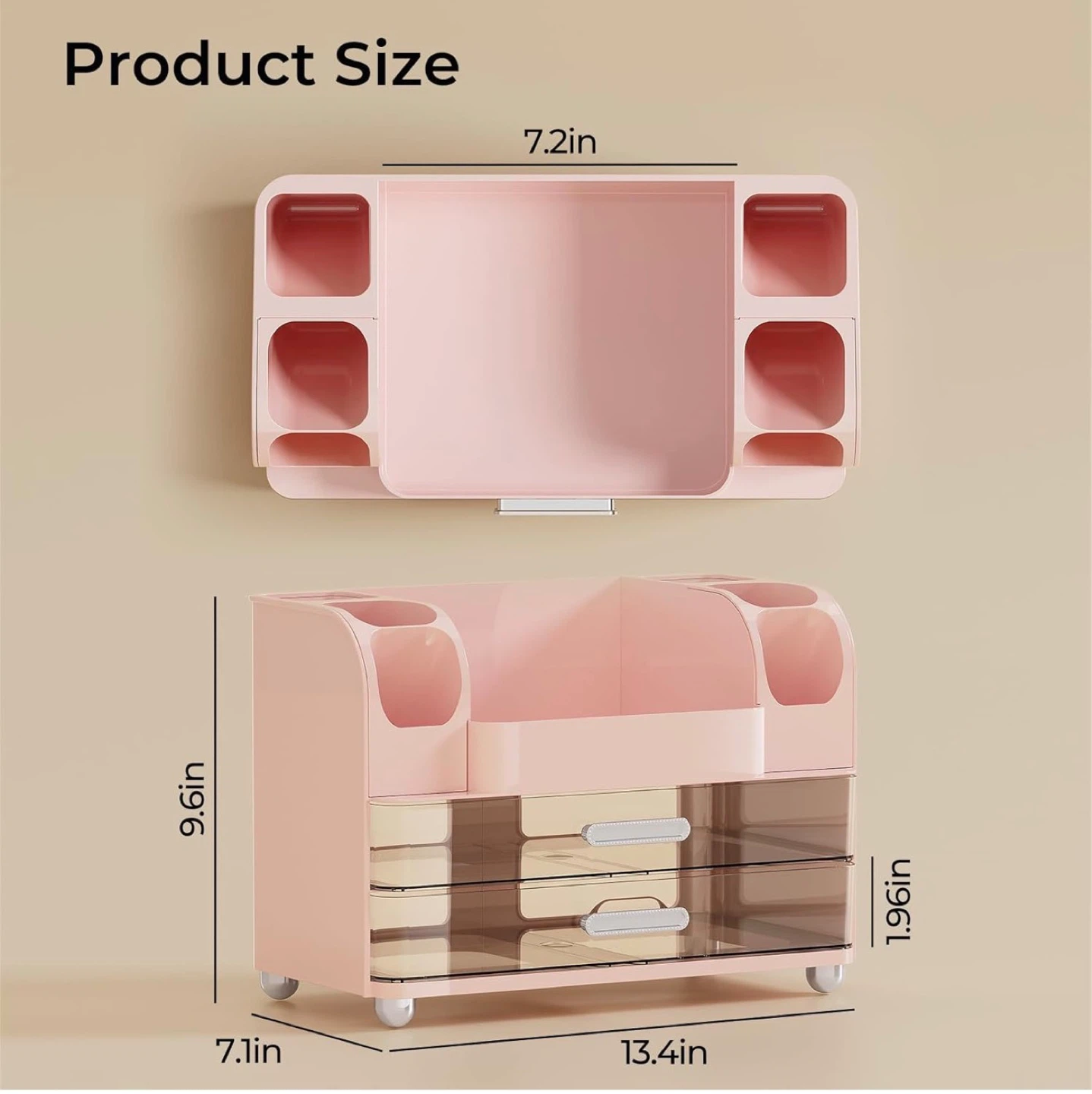 Makeup Organizer for Vanity with 2 Large Drawers (Pink/ White) - photo 2
