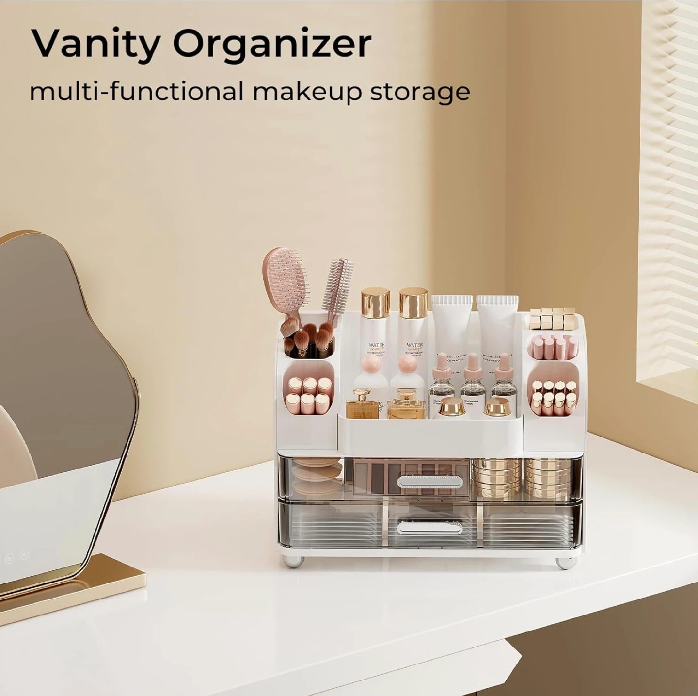 Makeup Organizer for Vanity with 2 Large Drawers (Pink/ White) - photo 3