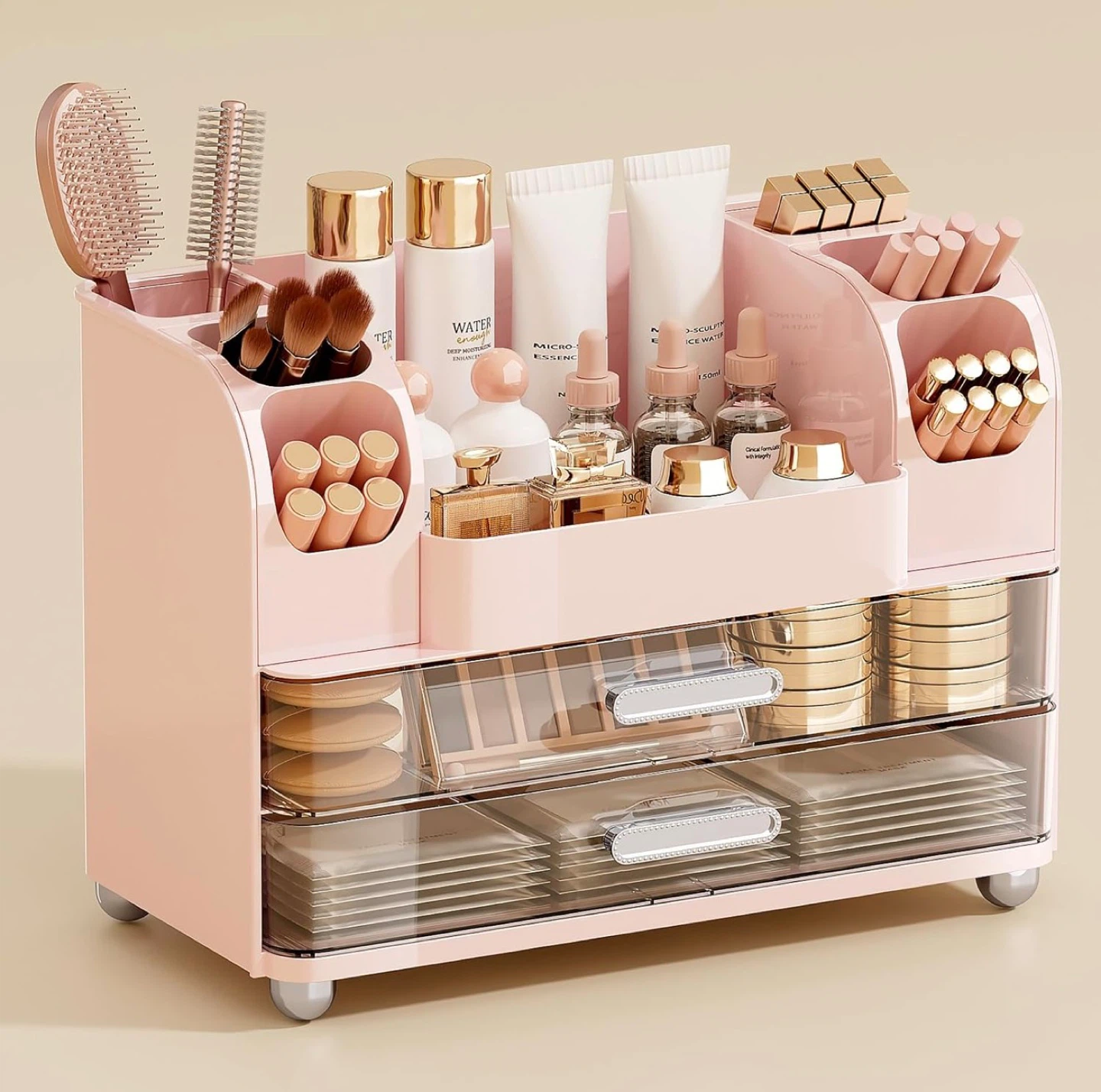 Makeup Organizer for Vanity with 2 Large Drawers (Pink/ White)