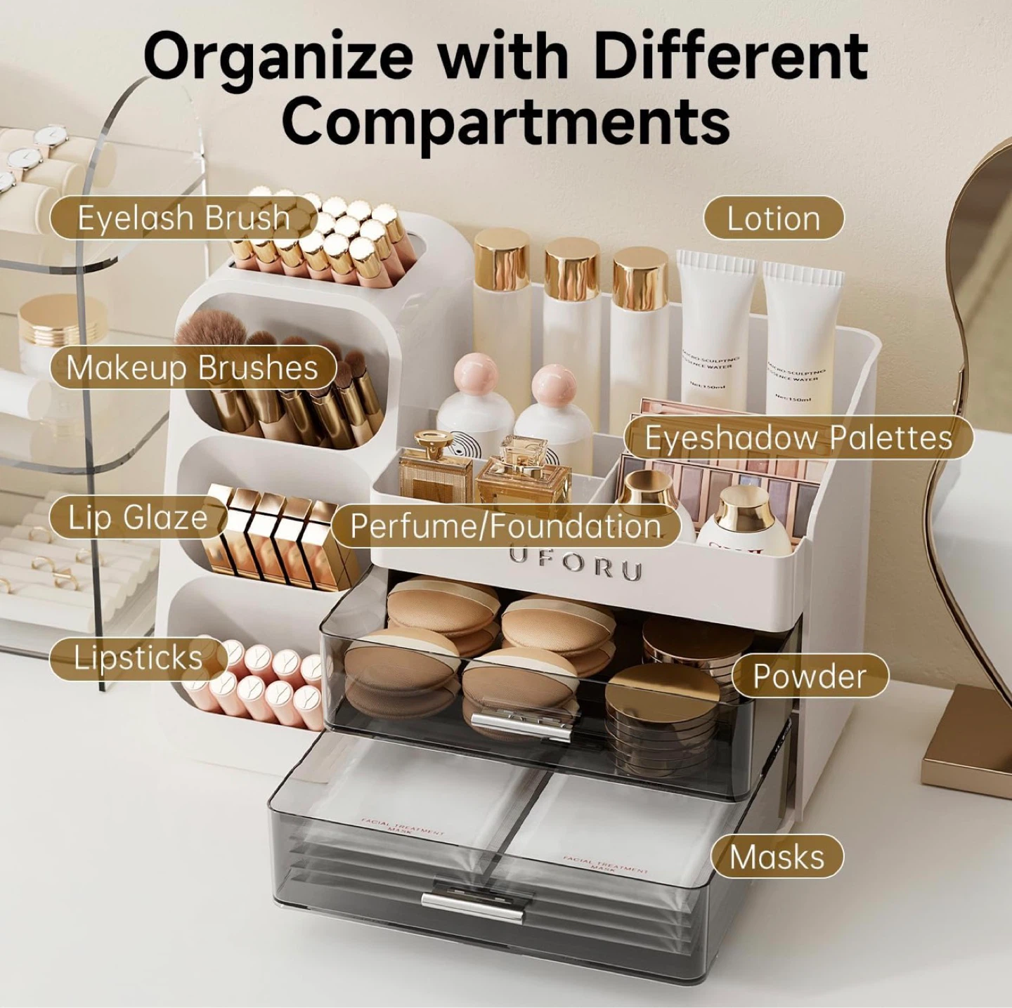 Makeup Organizer, Countertop Organizer With Drawers (White/Pink) - photo 4