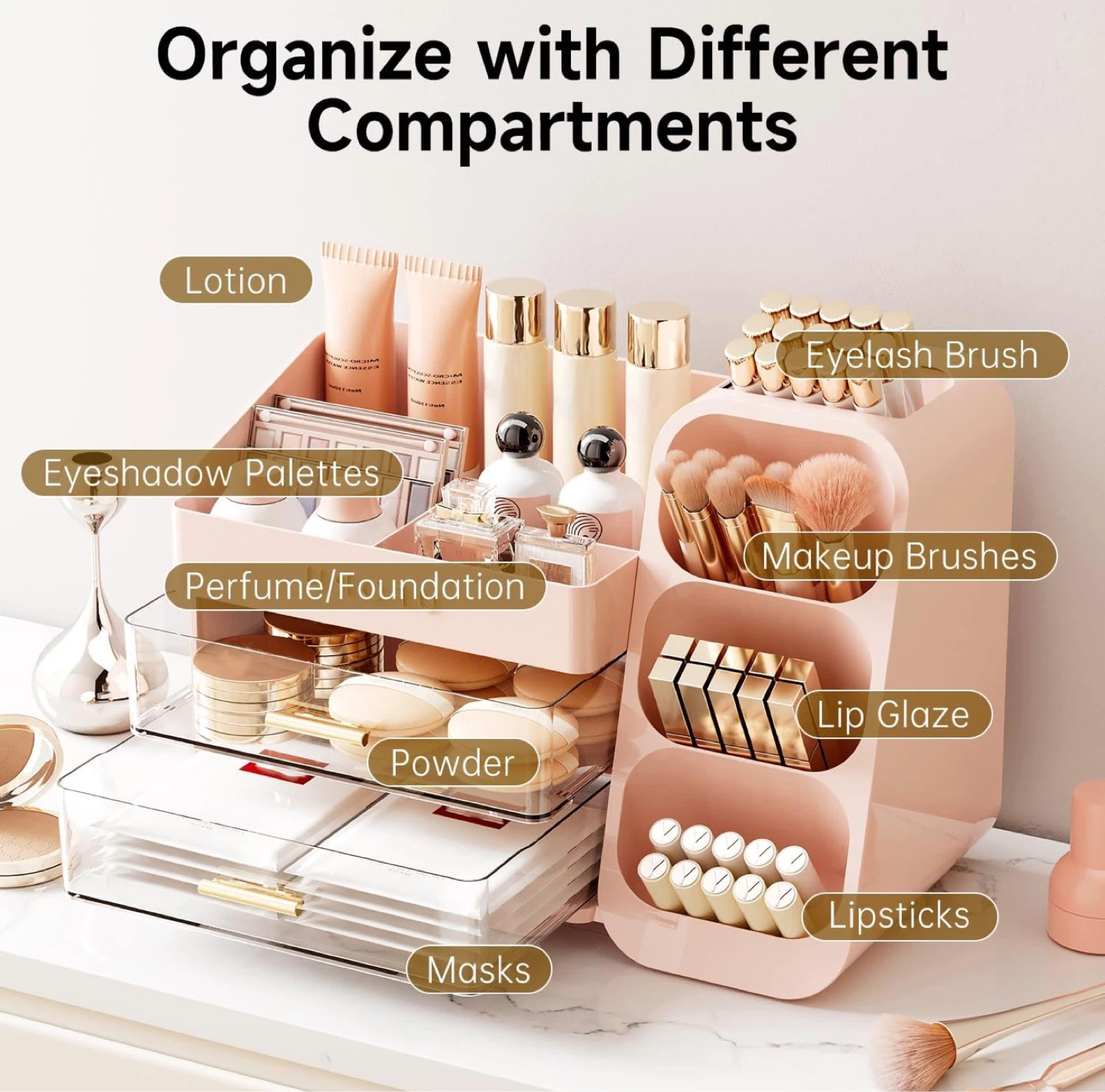 Makeup Organizer, Countertop Organizer With Drawers (White/Pink) - photo 2