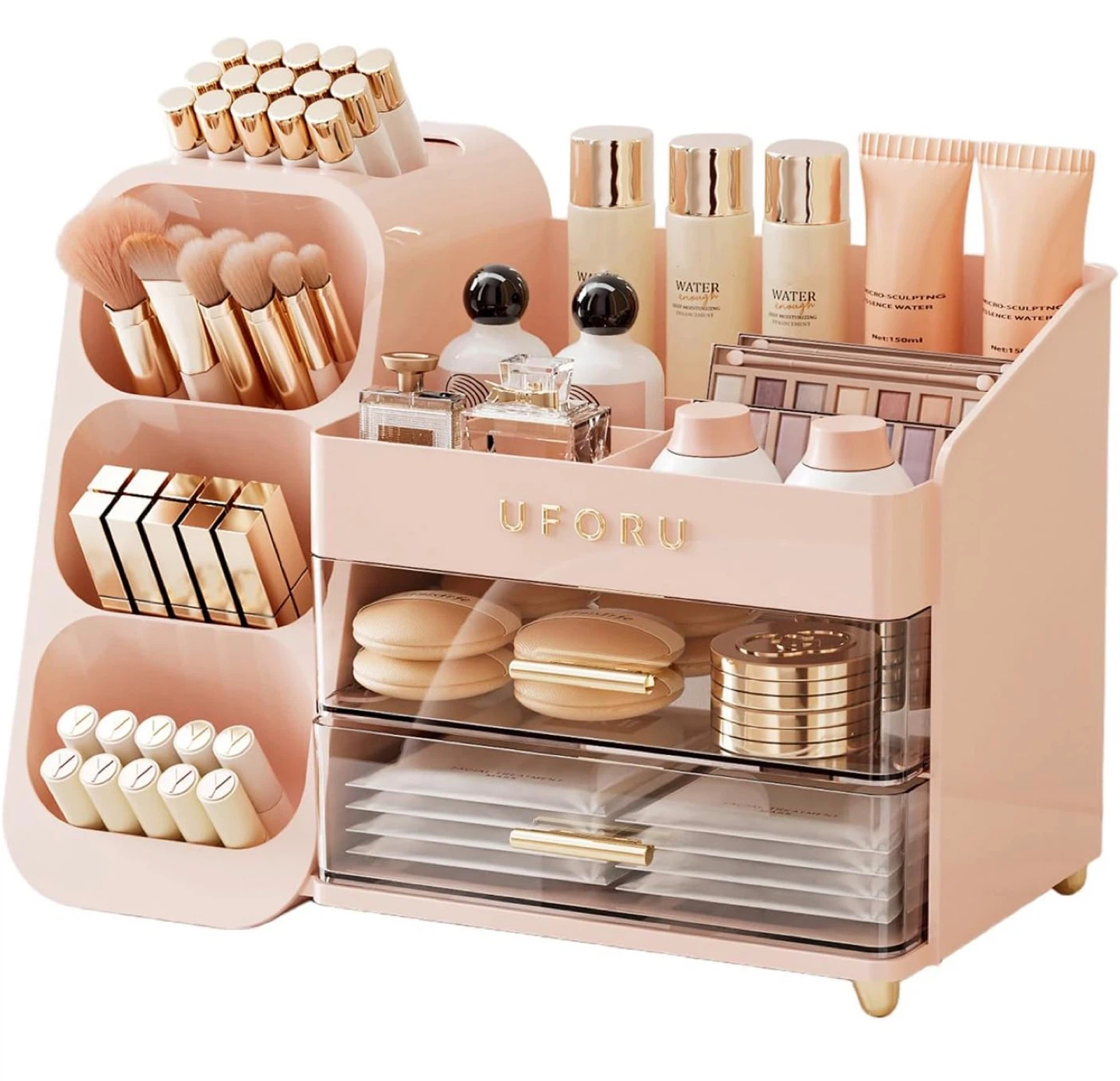 Makeup Organizer, Countertop Organizer With Drawers (White/Pink)