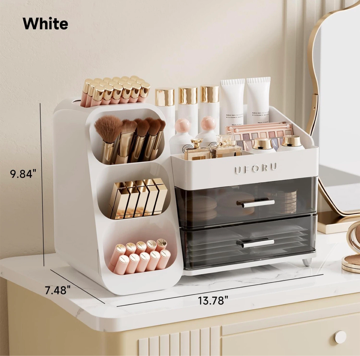 Makeup Organizer, Countertop Organizer With Drawers (White/Pink) - photo 3