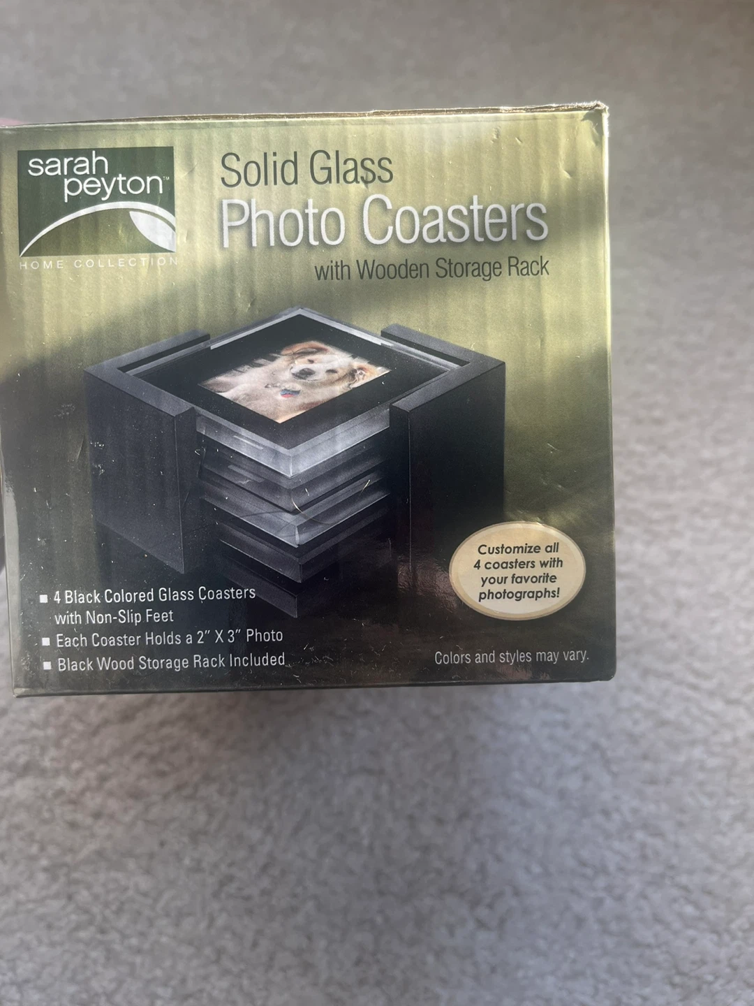 Sarah Peyton Solid Glass Photo Coasters with Wooden Storage Rack