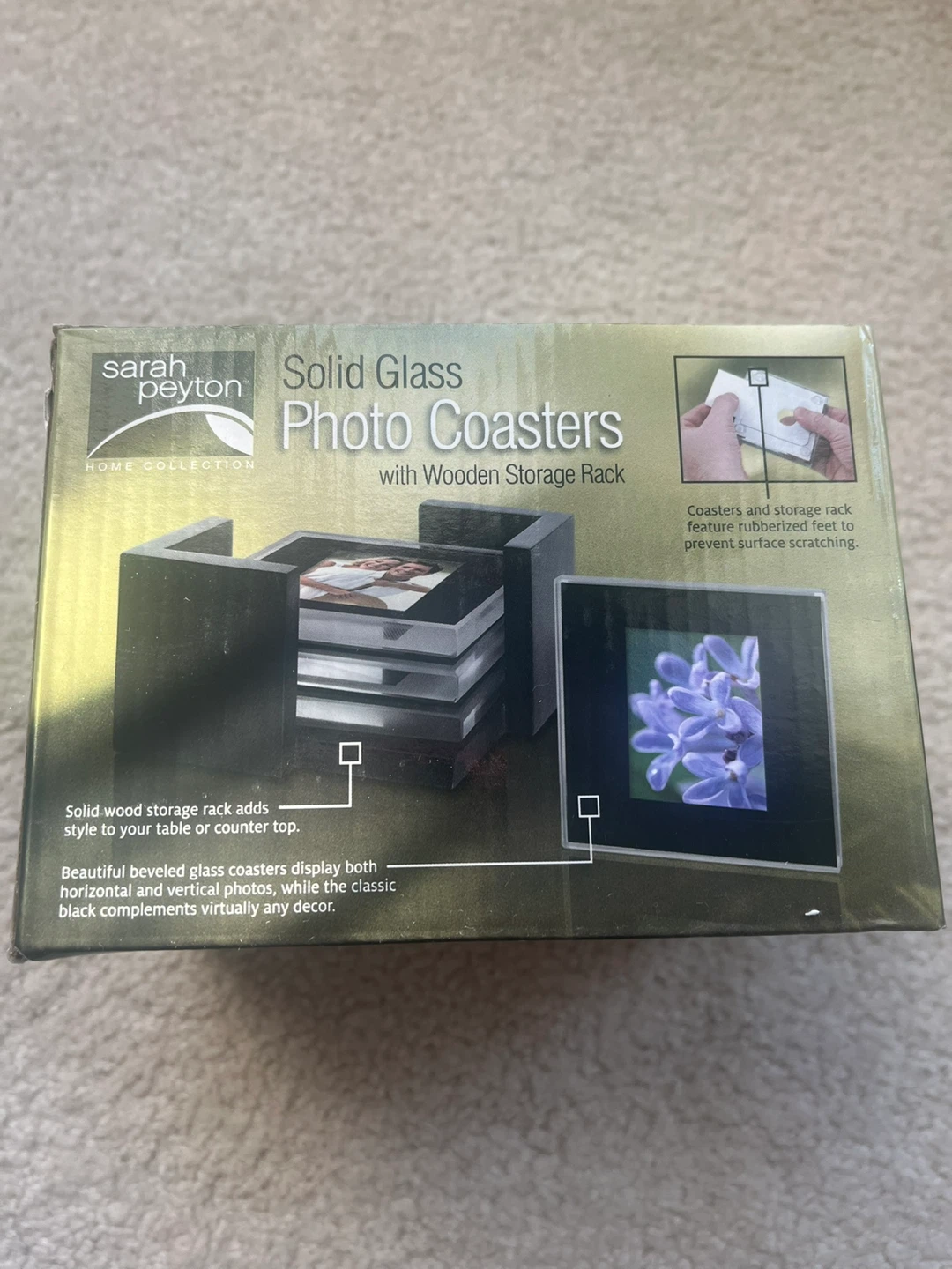 Sarah Peyton Solid Glass Photo Coasters with Wooden Storage Rack - photo 3