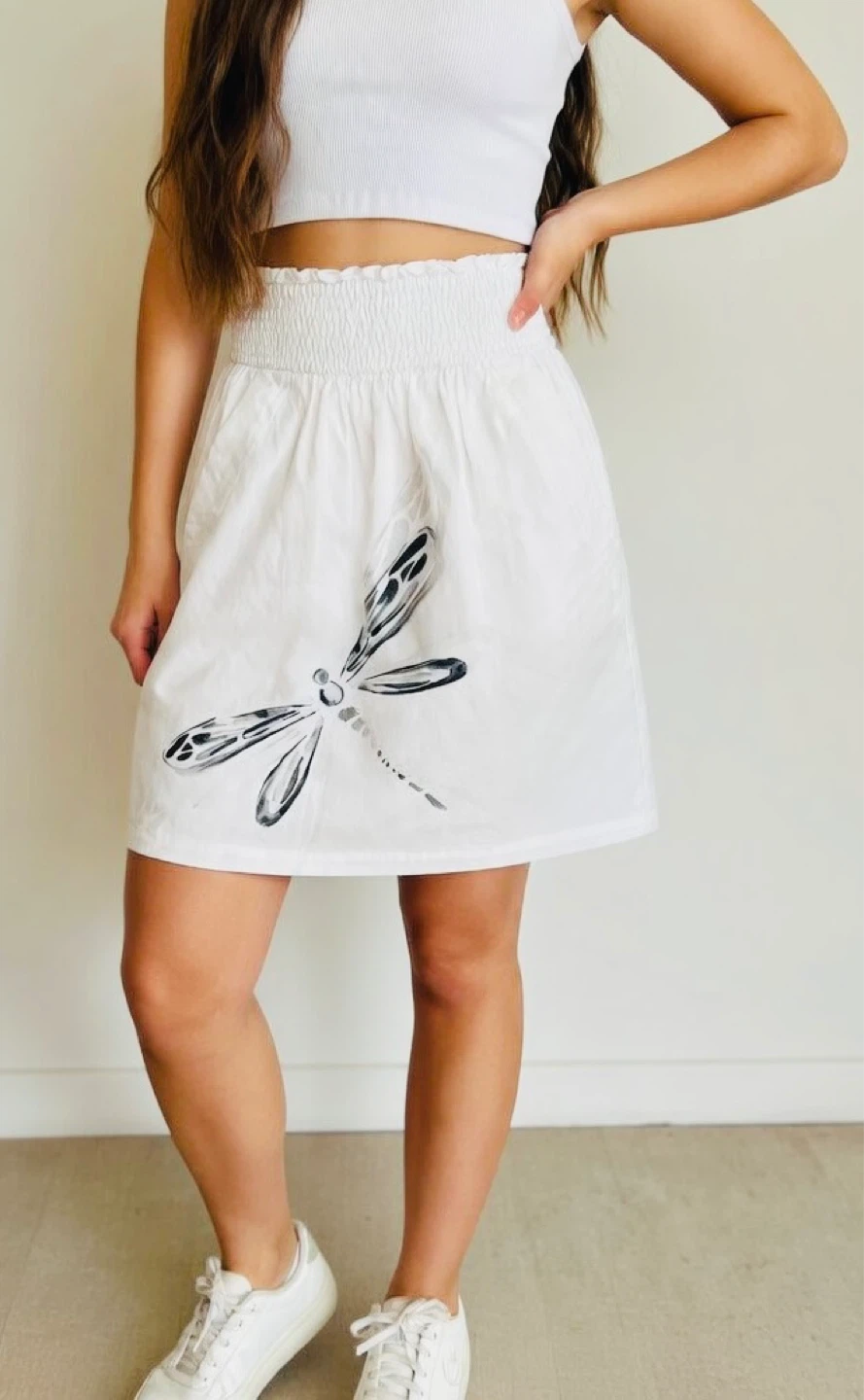 White A-line Skirt with Dragonfly Print
