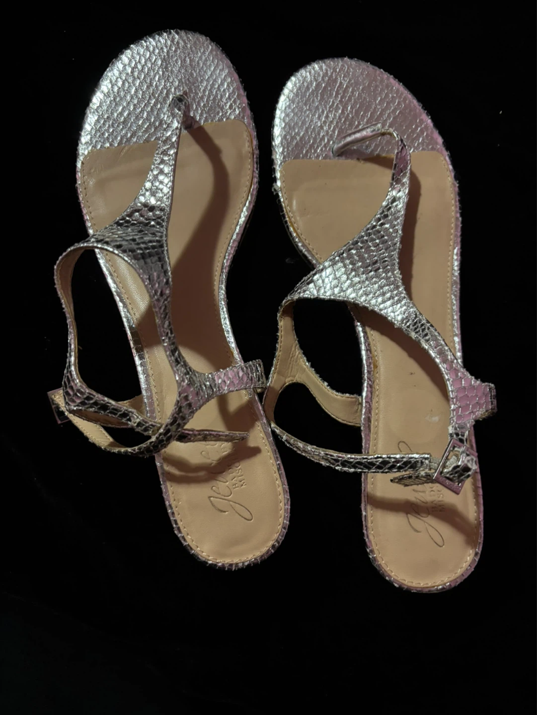 Jewel Badgley Mischka Silver Snake Print Thong Sandals