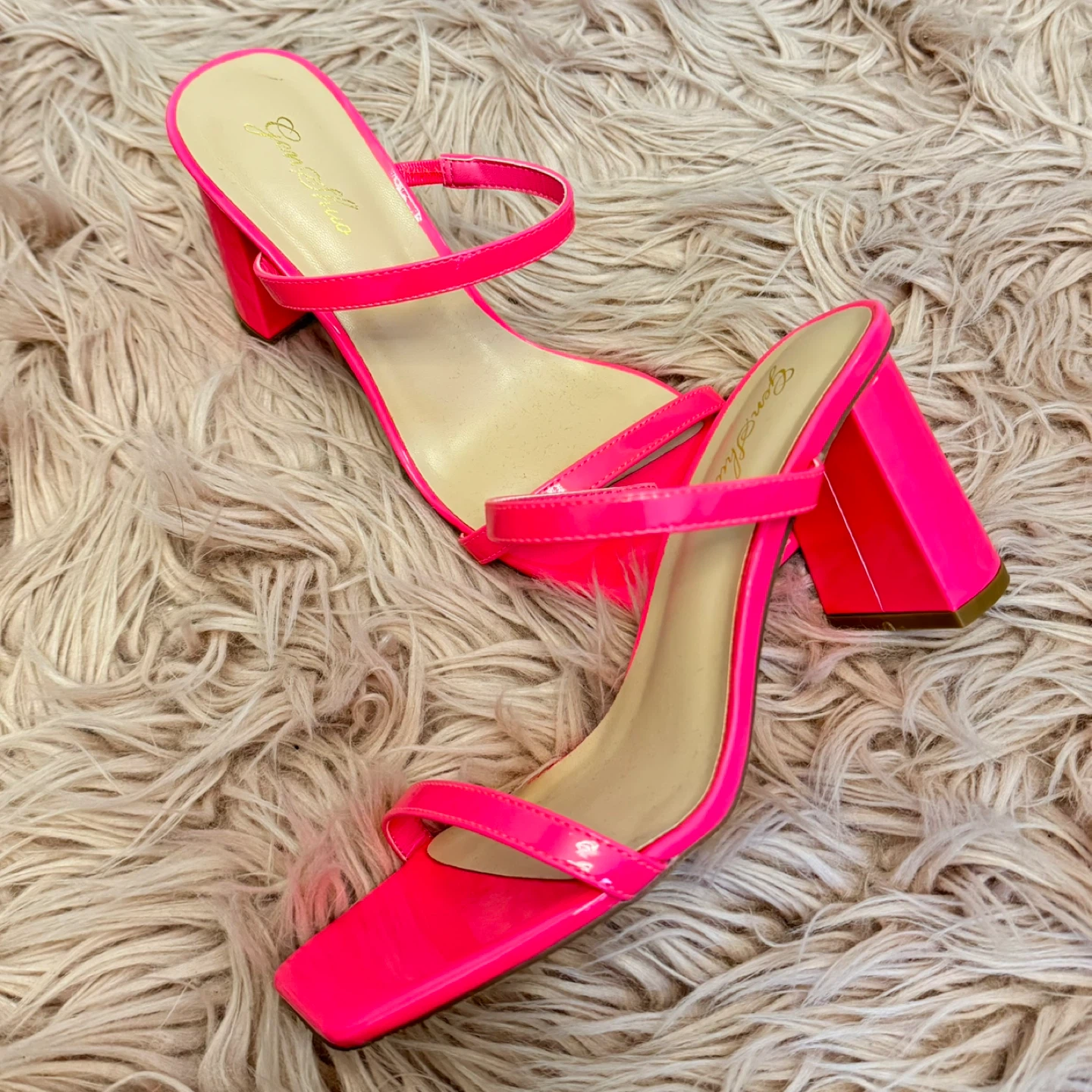 Hot Pink Strappy Block Heel Mules