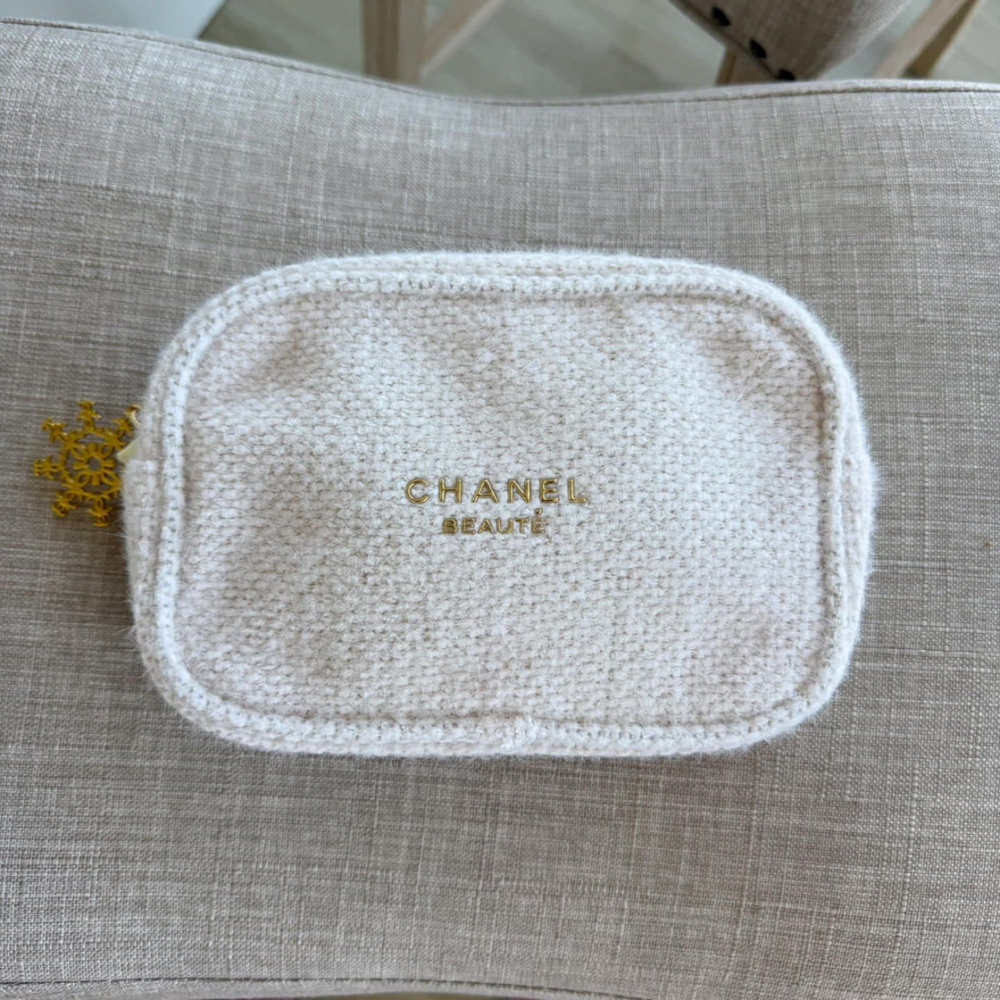 Chanel Beauté White Tweed Cosmetic Bag with Snowflake Charm