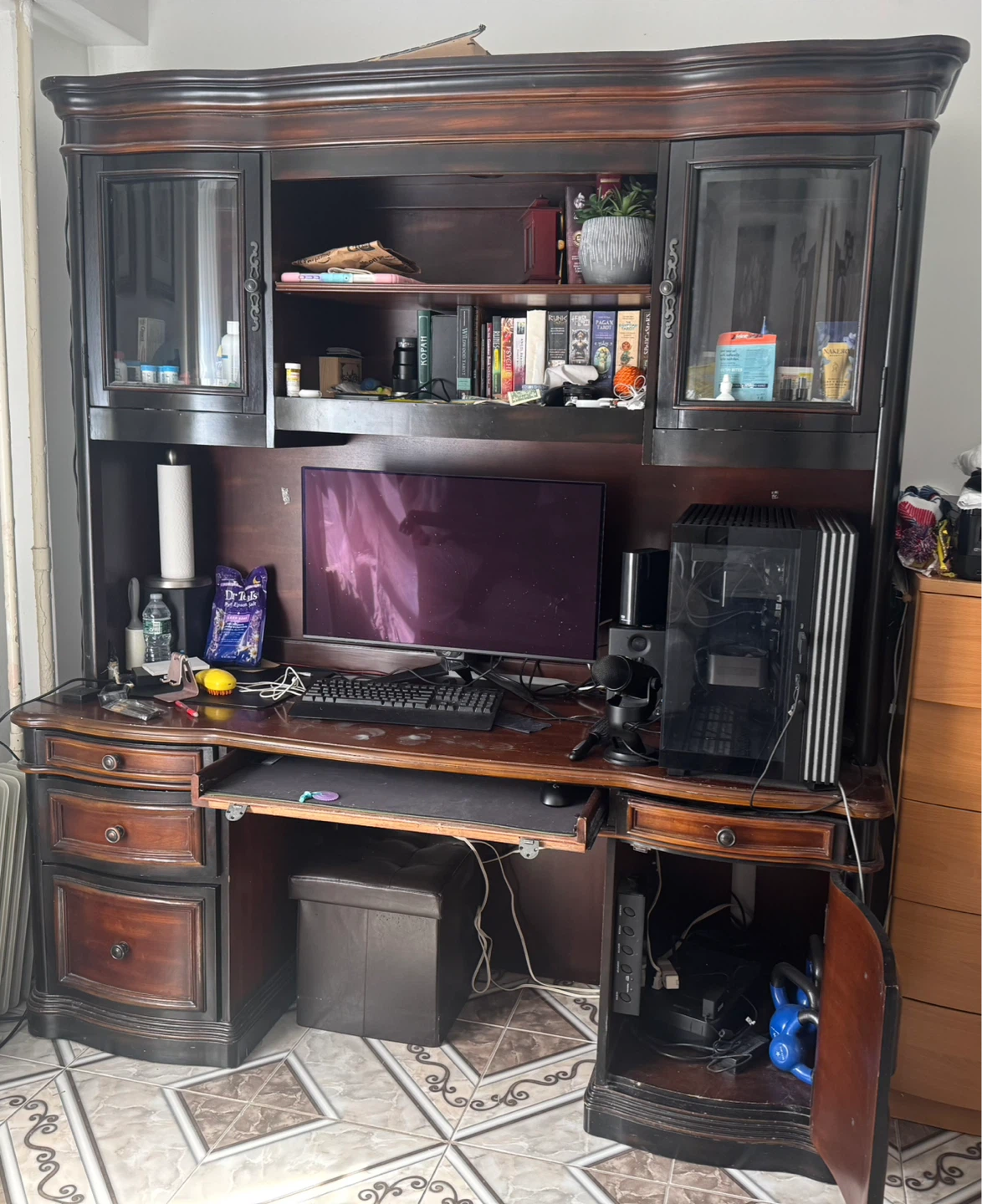 Dark Wood Executive Desk with Hutch and Glass Doors