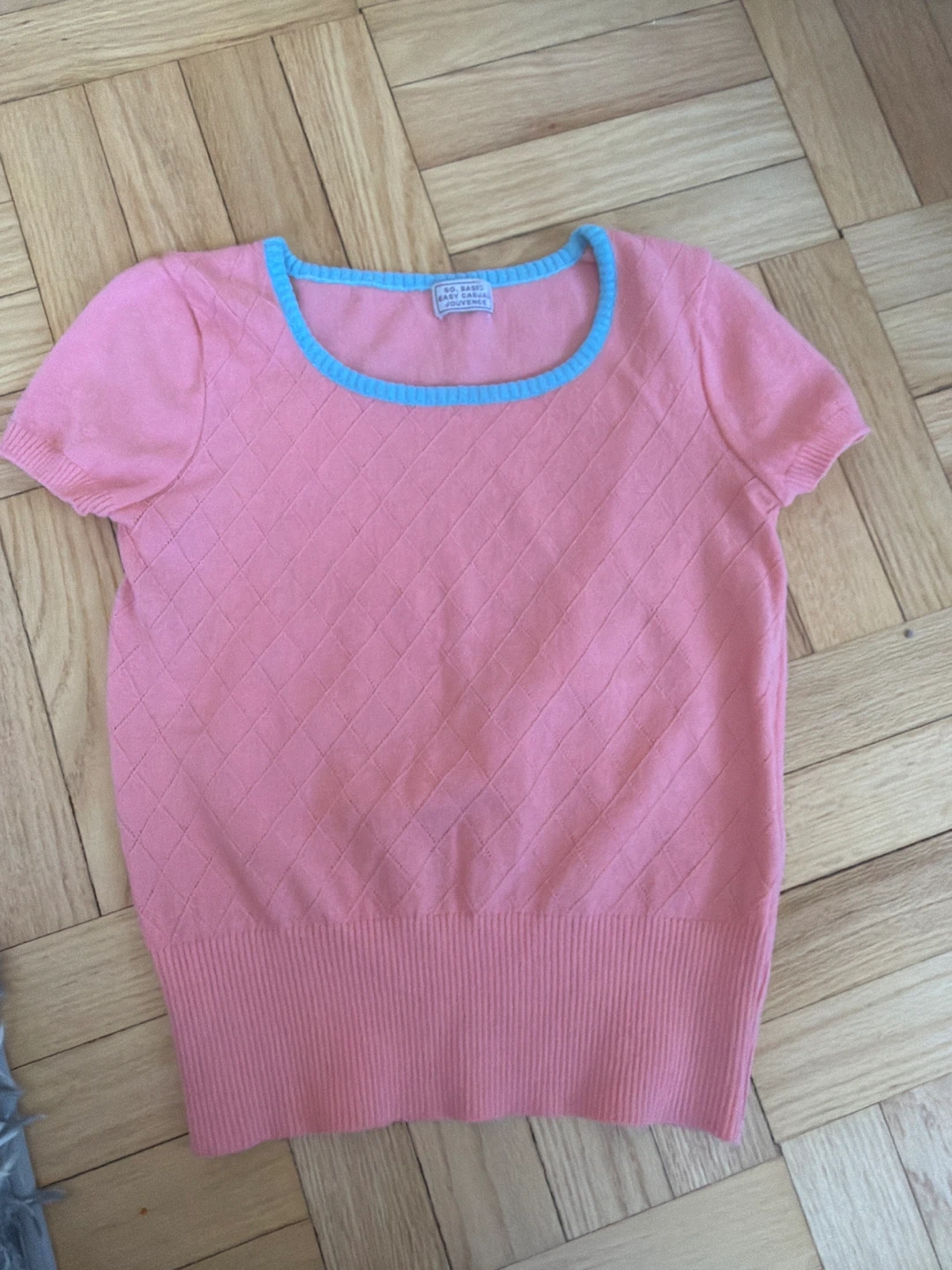 60s Pink Textured Knit Top with Blue Trim