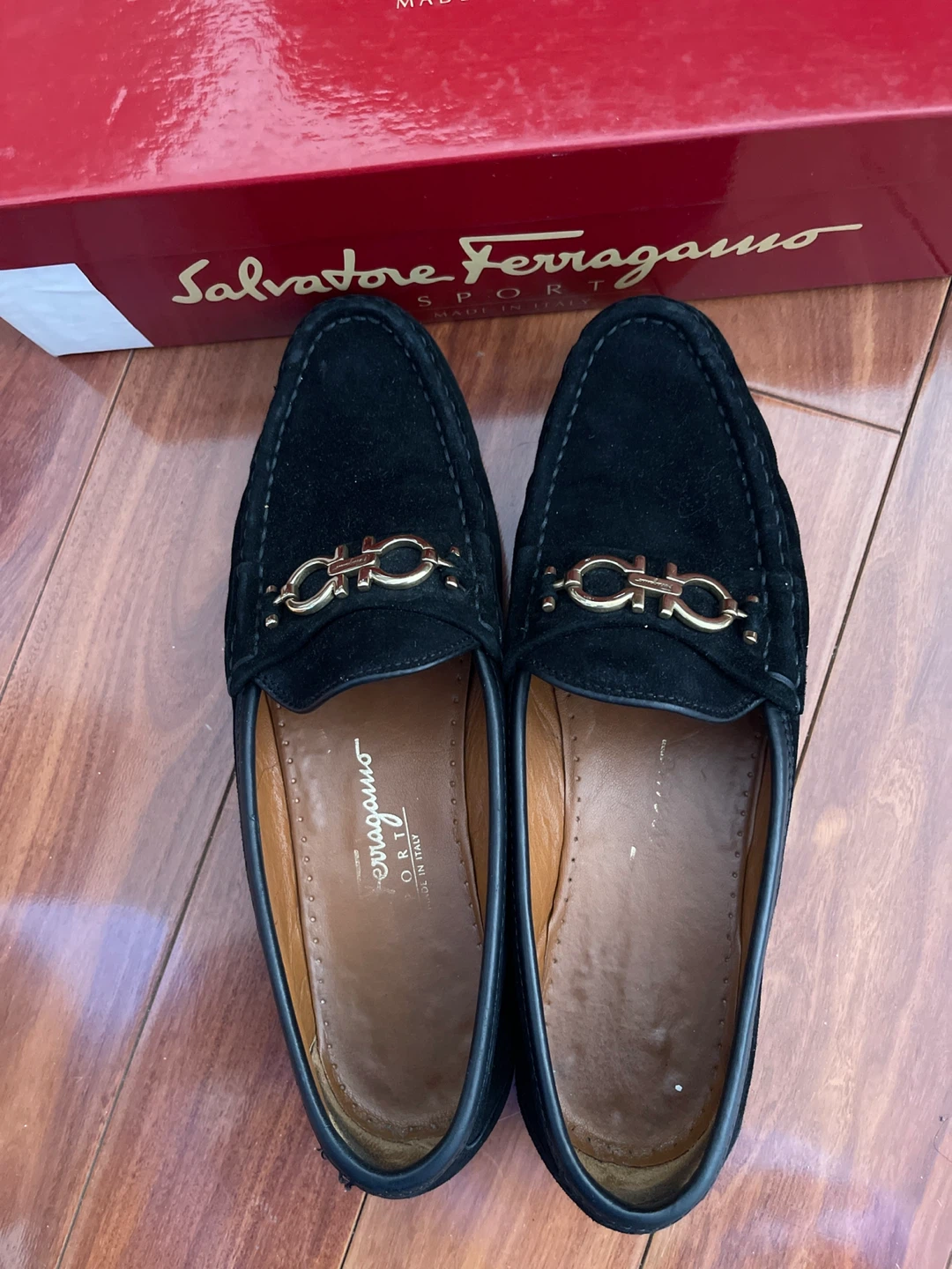 Salvatore Ferragamo Black Suede Loafers with Gold Gancini Detail