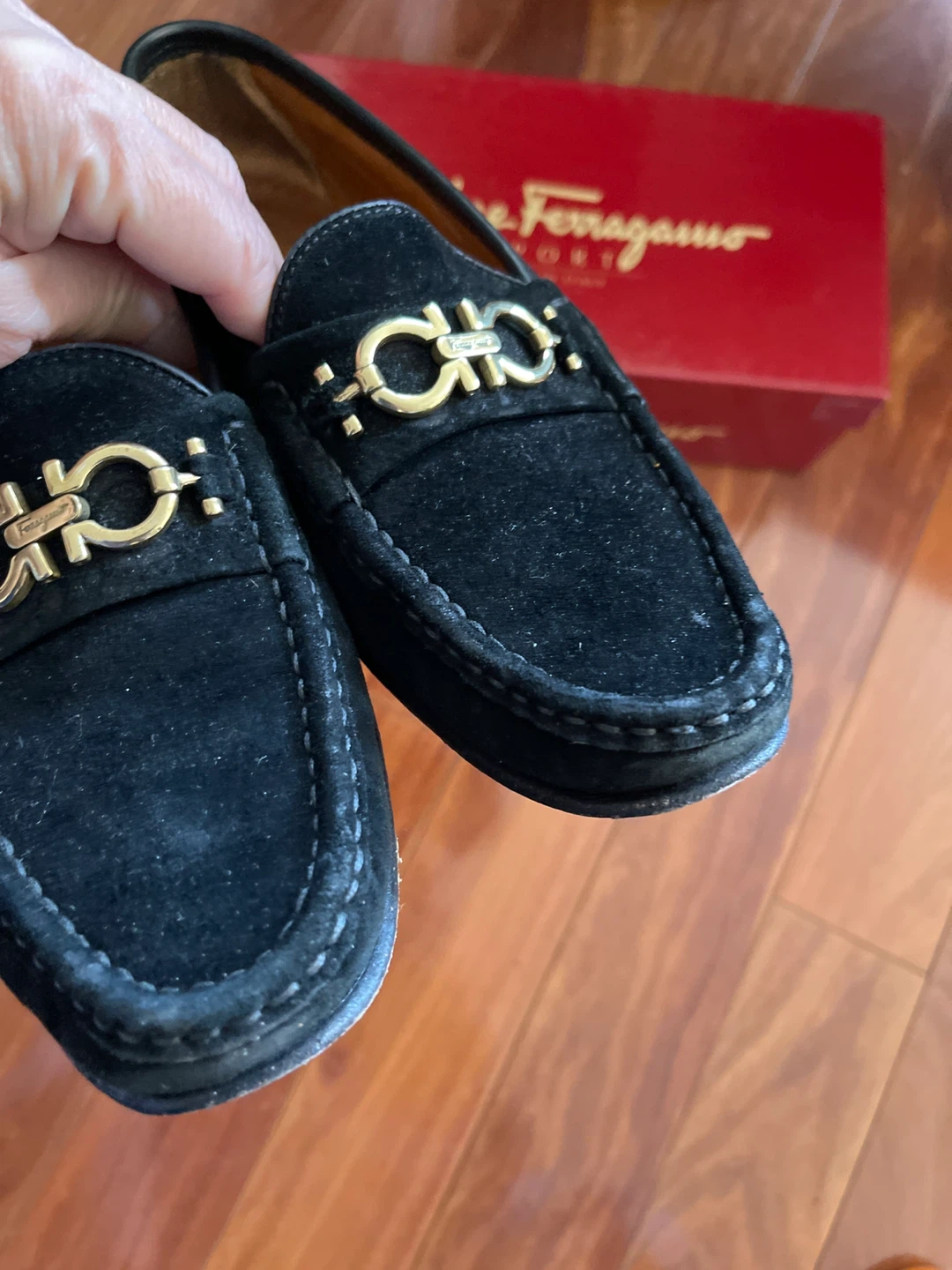 Salvatore Ferragamo Black Suede Loafers with Gold Gancini Detail - photo 2