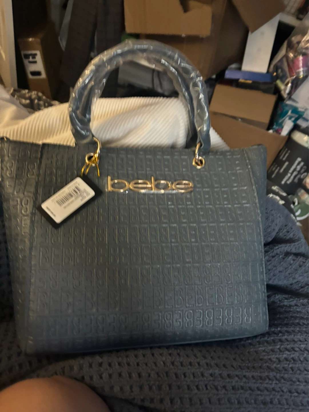 Bebe Grey Embossed Logo Tote Handbag
